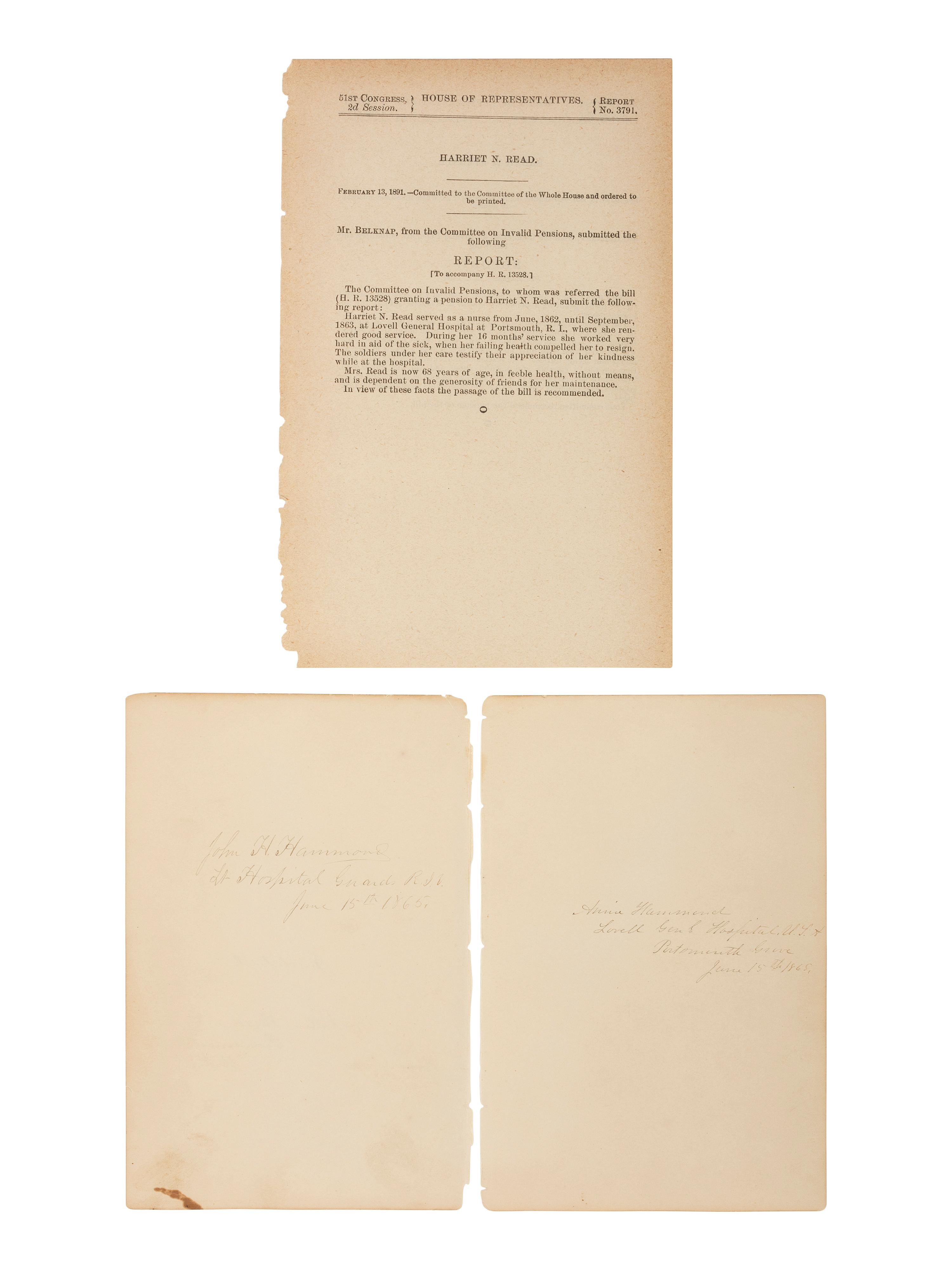 [CIVIL WAR]. Archive associated with the Lovell General Hospital, Portsmouth Grove, Rhode Island, incl. letters, manuscript menu, and items related to Lovell Hospital nurse Sarah Chauncy Woolsey (1835-1905).
