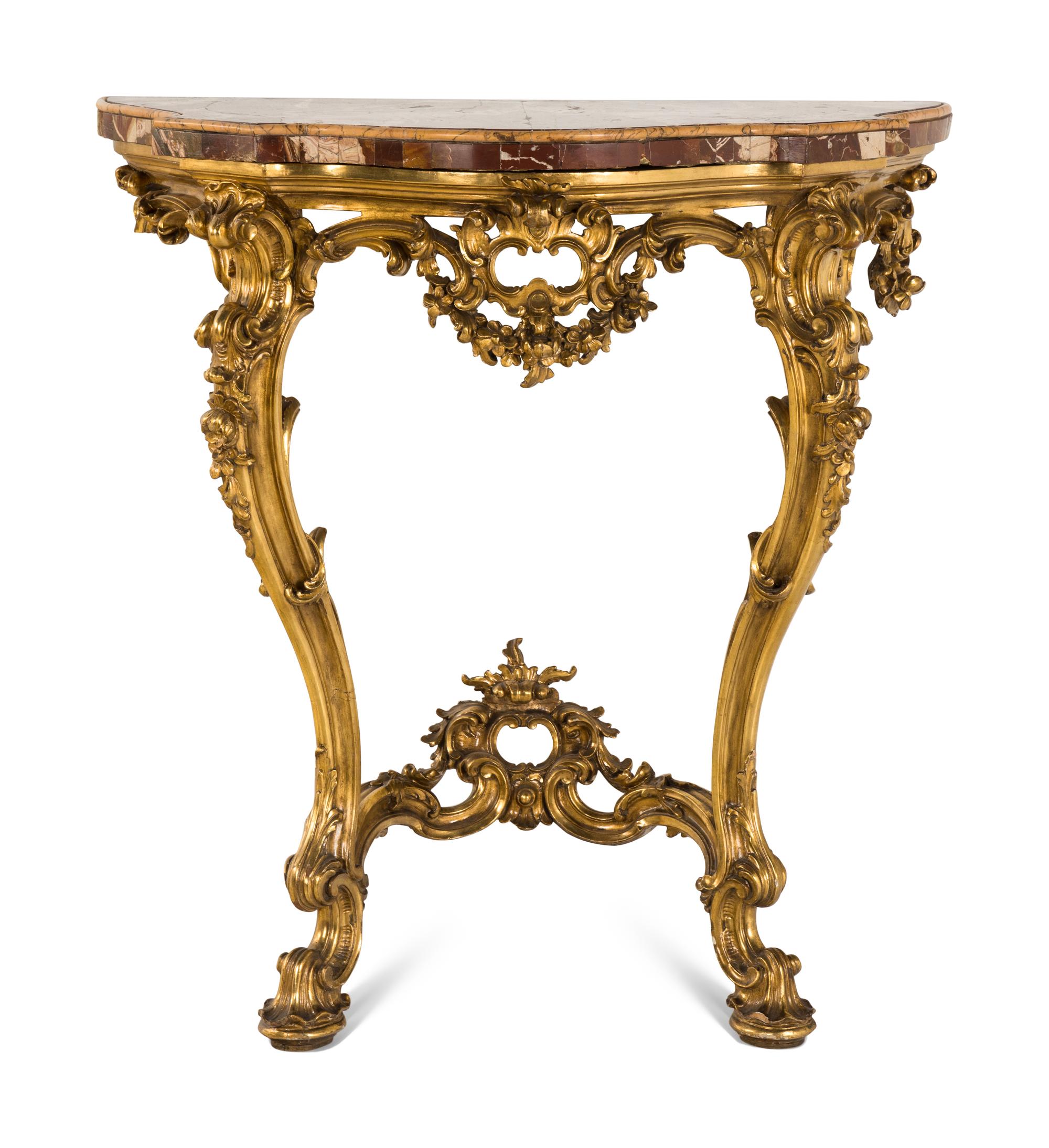 A Louis XV Style Giltwood and Sicilian Jasper Marble-Top Pier Table