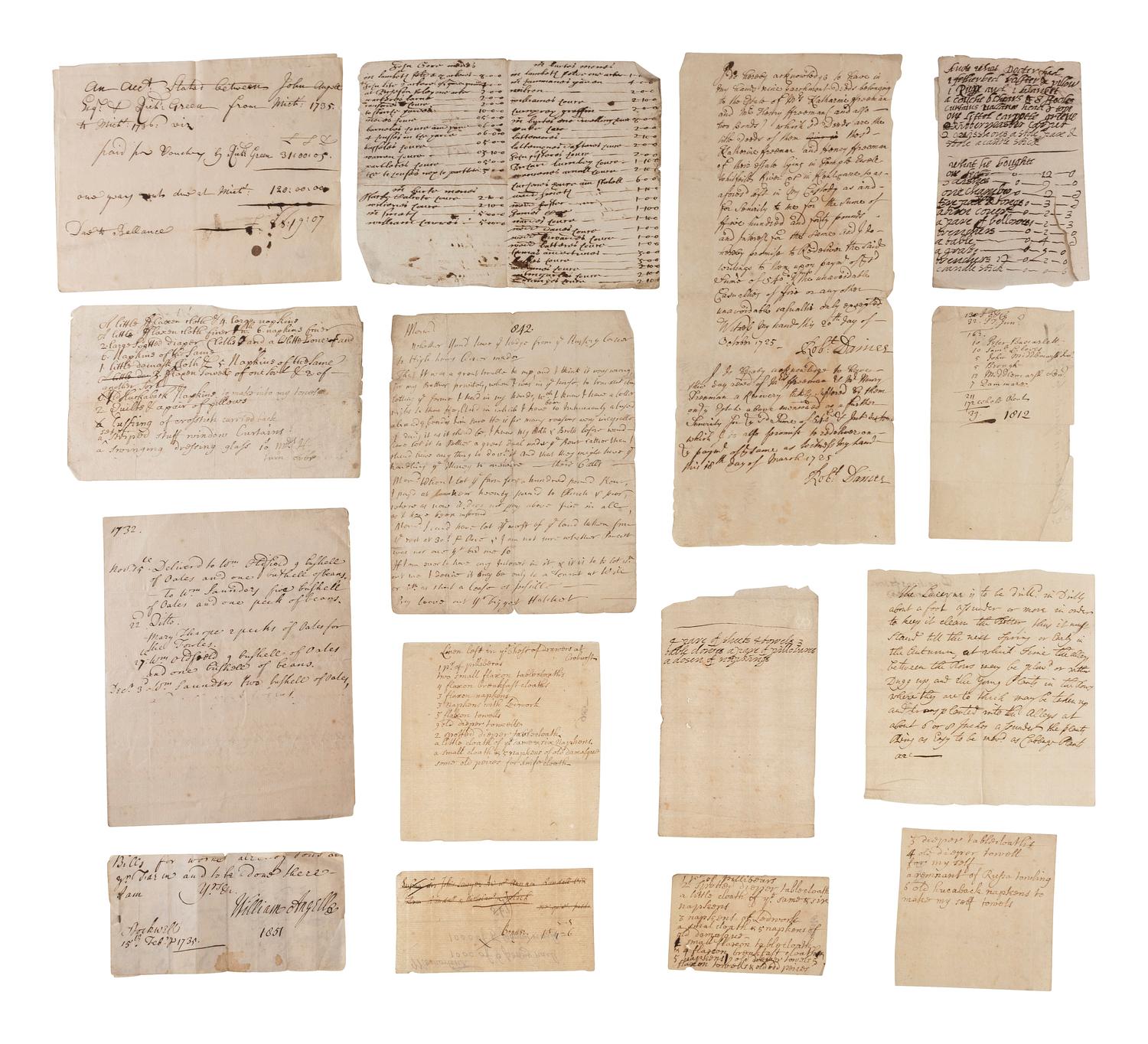 [COMMERCE]. A group of receipts and documents related to Englishmen John and William Angell, Esq., Richard Green, and others, including: