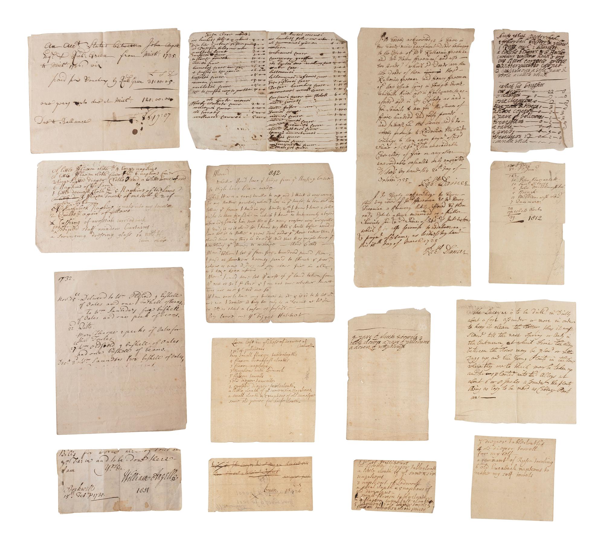 [COMMERCE]. A group of receipts and documents related to Englishmen John and William Angell, Esq., Richard Green, and others, including: