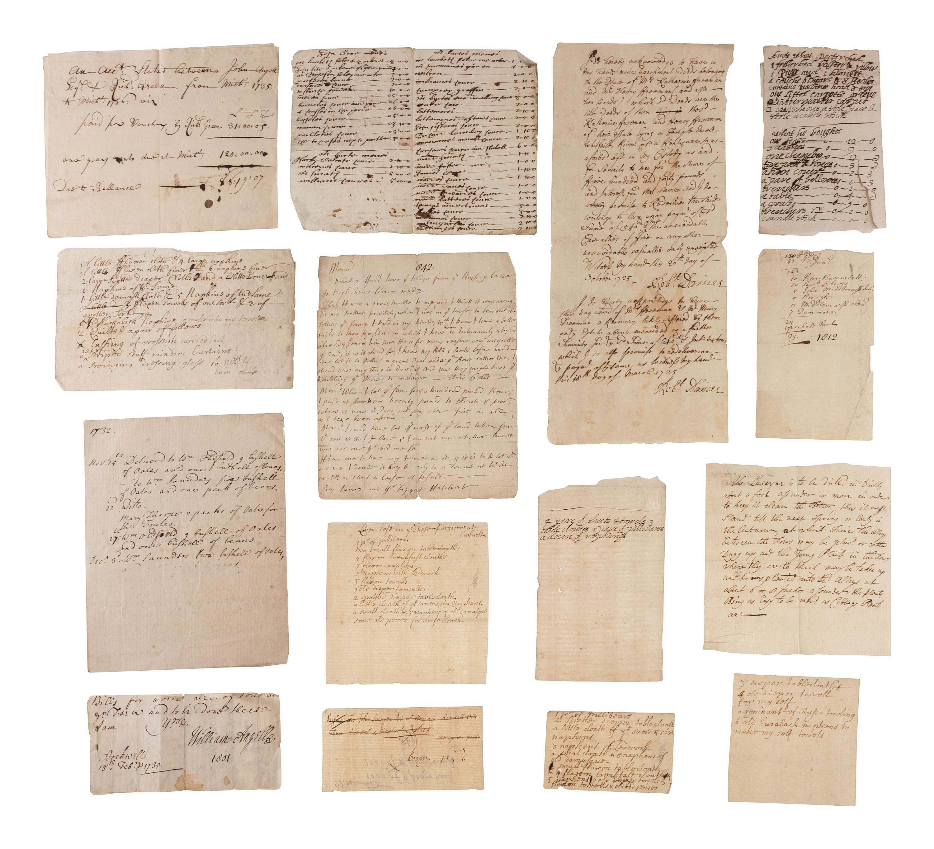 [COMMERCE]. A group of receipts and documents related to Englishmen John and William Angell, Esq., Richard Green, and others, including: