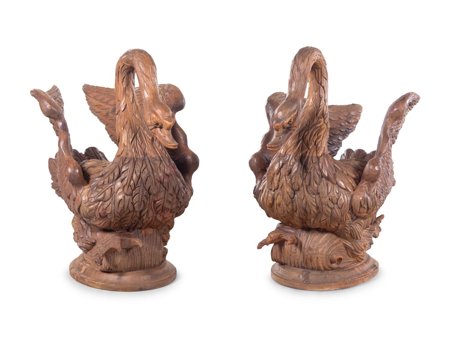 A Pair of Carved Pine Swan-Form Jardinières