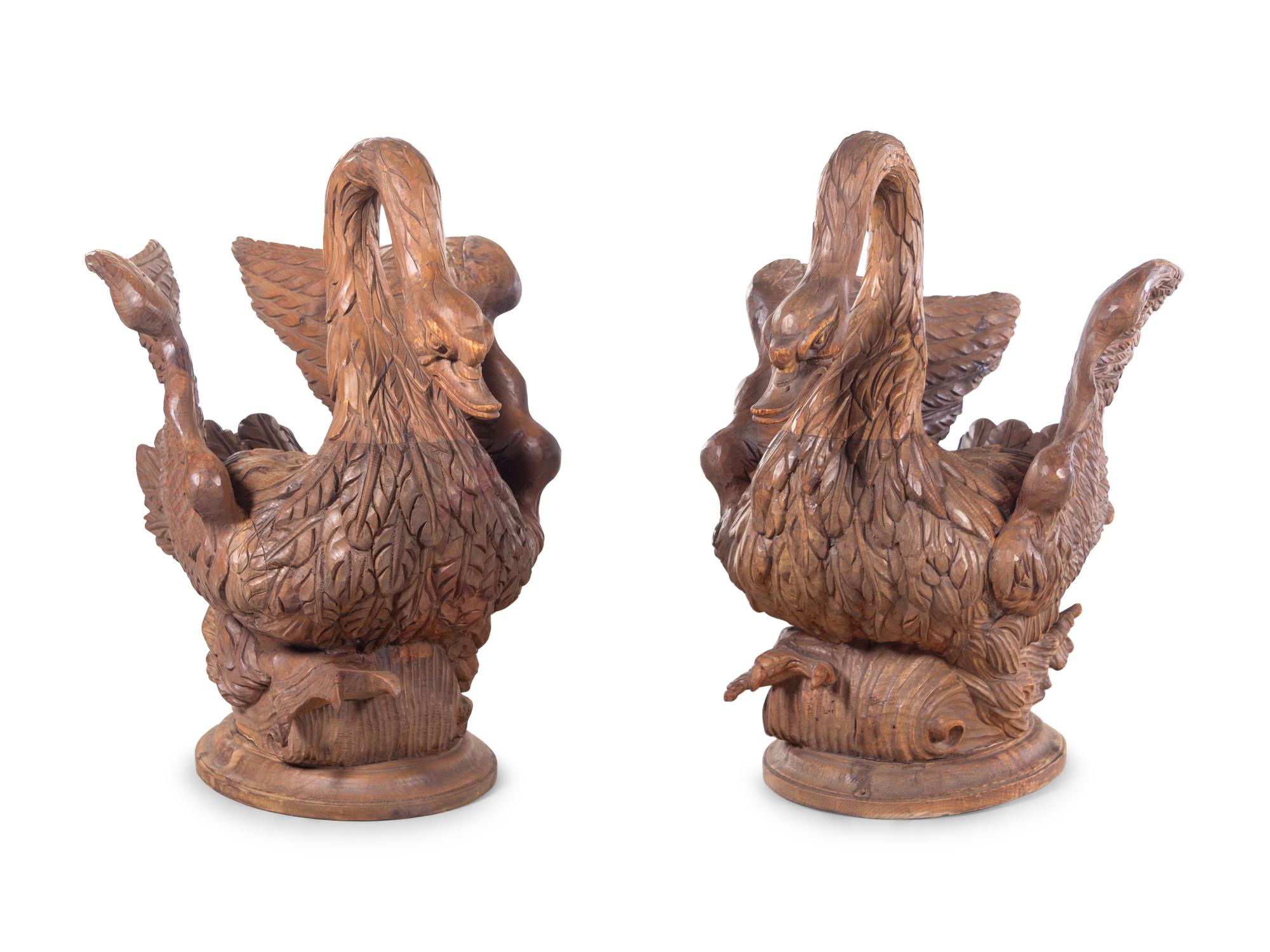 A Pair of Carved Pine Swan-Form Jardinières