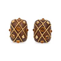 SEAMAN SCHEPPS, WOOD, CITRINE, AND YELLOW GOLD 'CAGE' EARRINGS