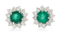 A Pair of 14 Karat White Gold, Emerald and Diamond Earrings, 2.90 dwts.