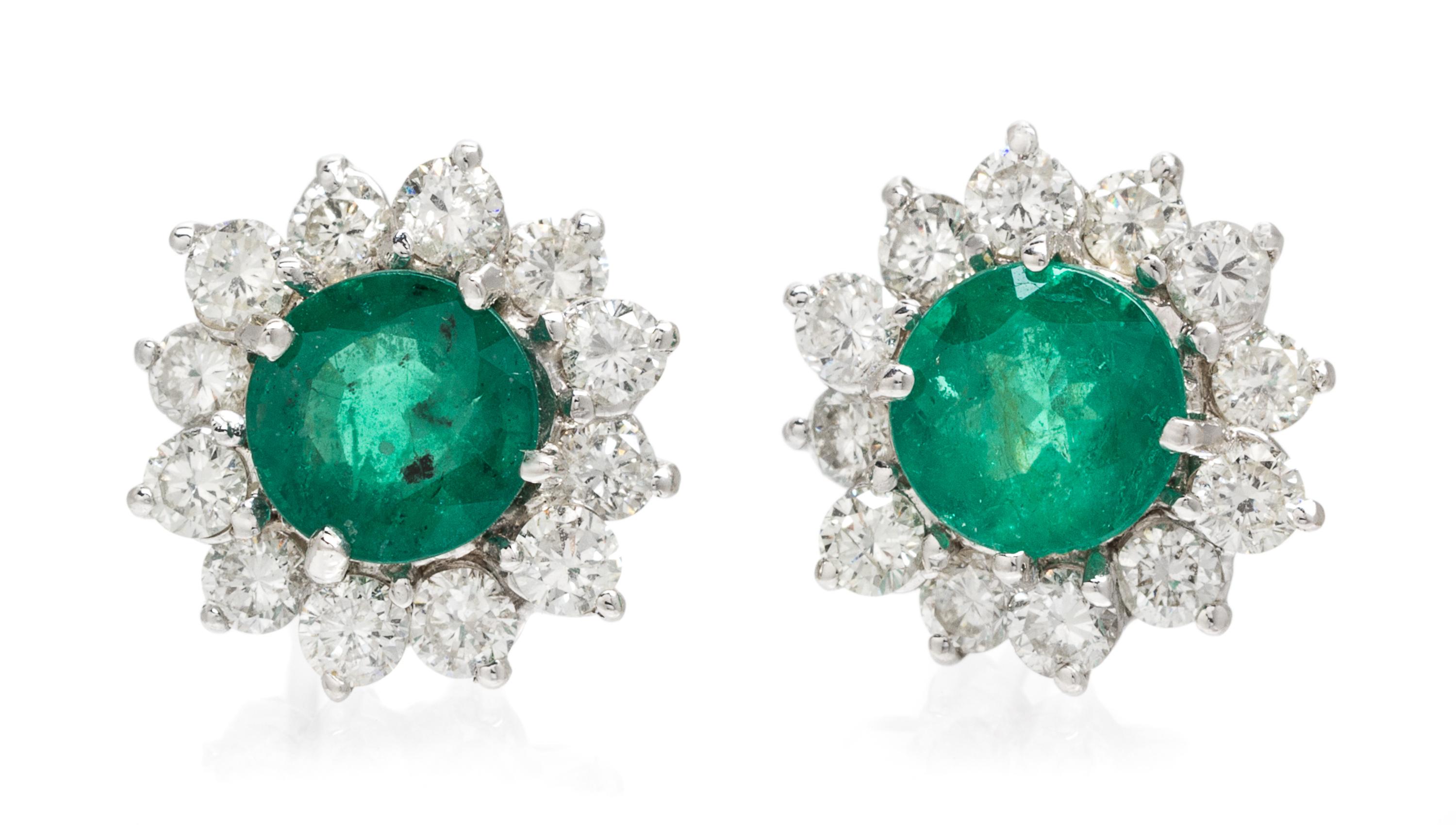 A Pair of 14 Karat White Gold, Emerald and Diamond Earrings, 2.90 dwts.