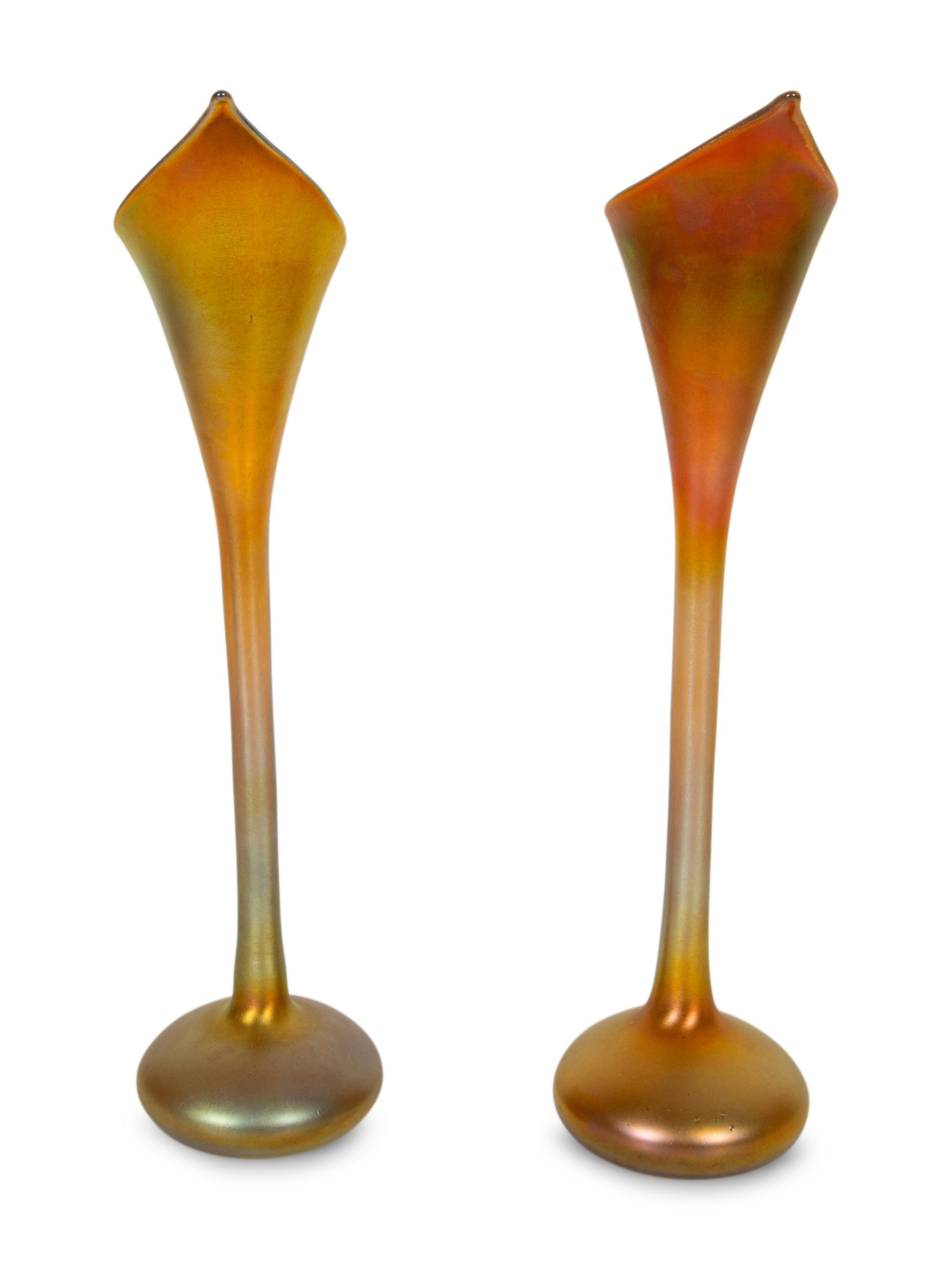 Pair of Quezal Iridescent Glass Vases