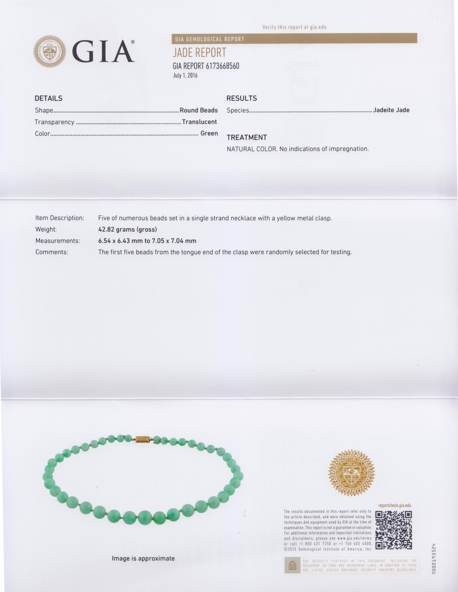 A Graduated Single Strand Jadeite Jade Bead Necklace, 27.40 dwts.
