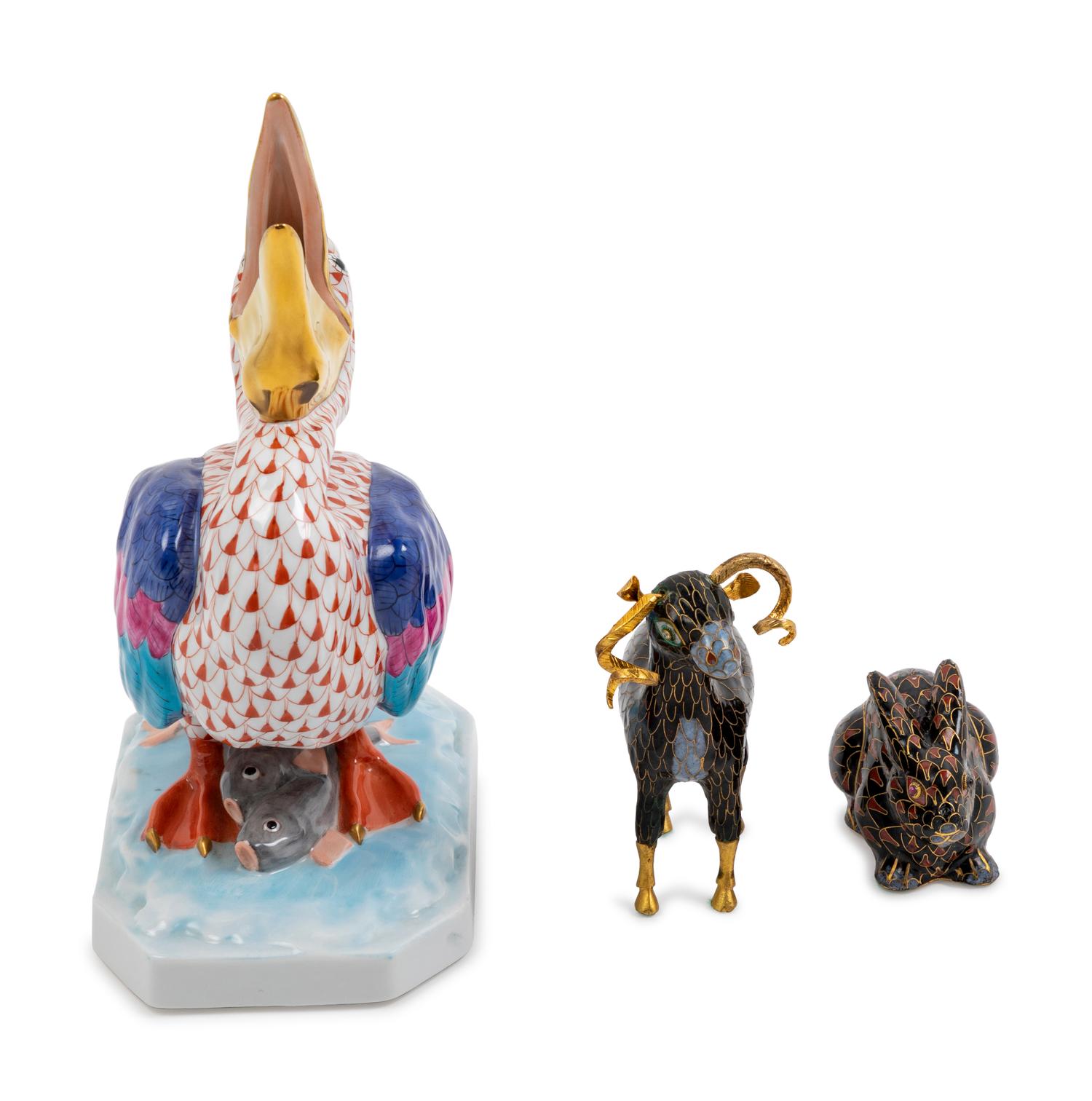 A Herend Porcelain "Fishnet" Pelican and Two Cloisonne Articles