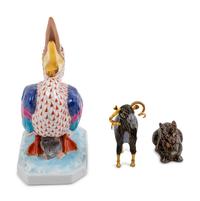A Herend Porcelain "Fishnet" Pelican and Two Cloisonne Articles