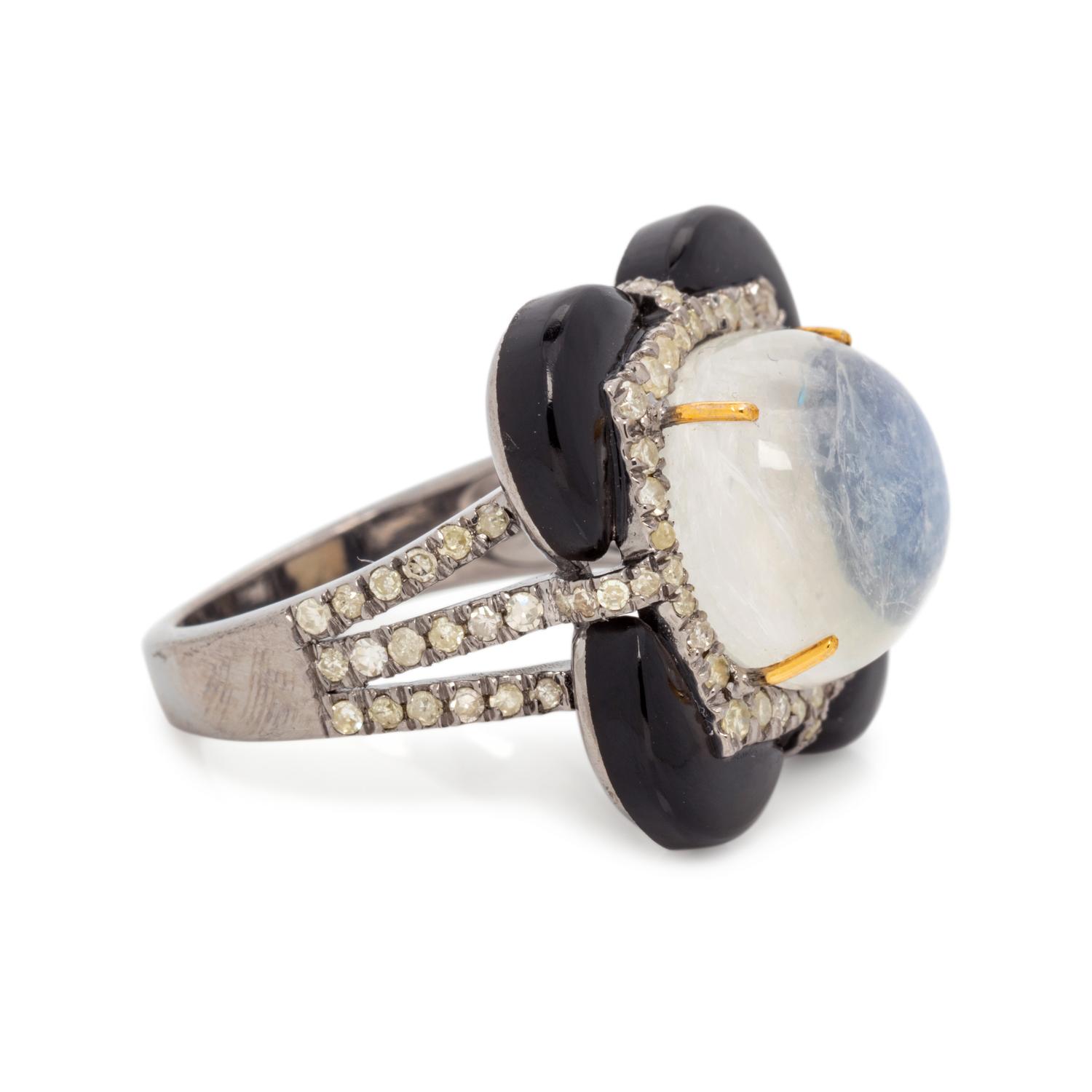 MOONSTONE, DIAMOND AND ONYX RING