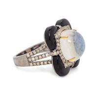 MOONSTONE, DIAMOND AND ONYX RING