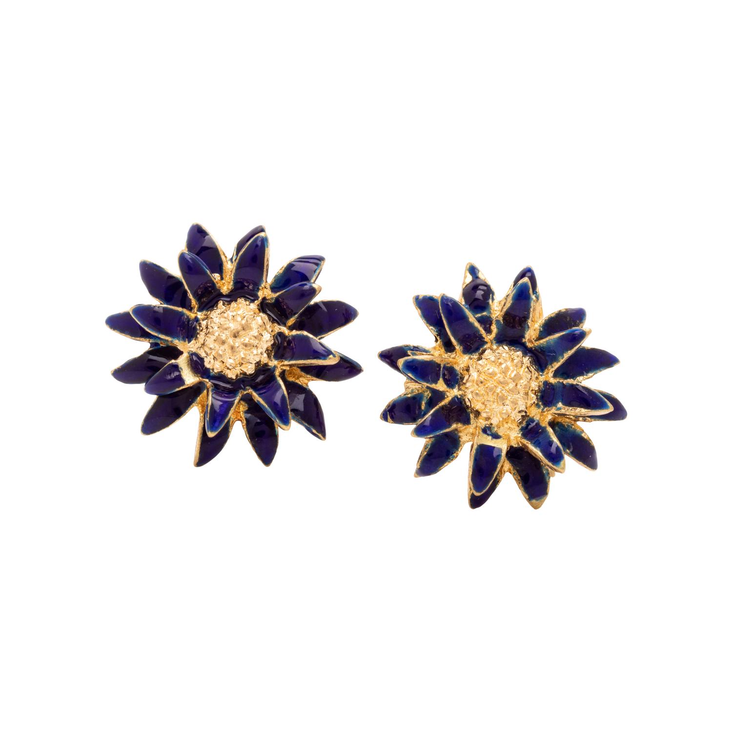 Italian, Blue Enamel and Yellow Gold Flower Earrings