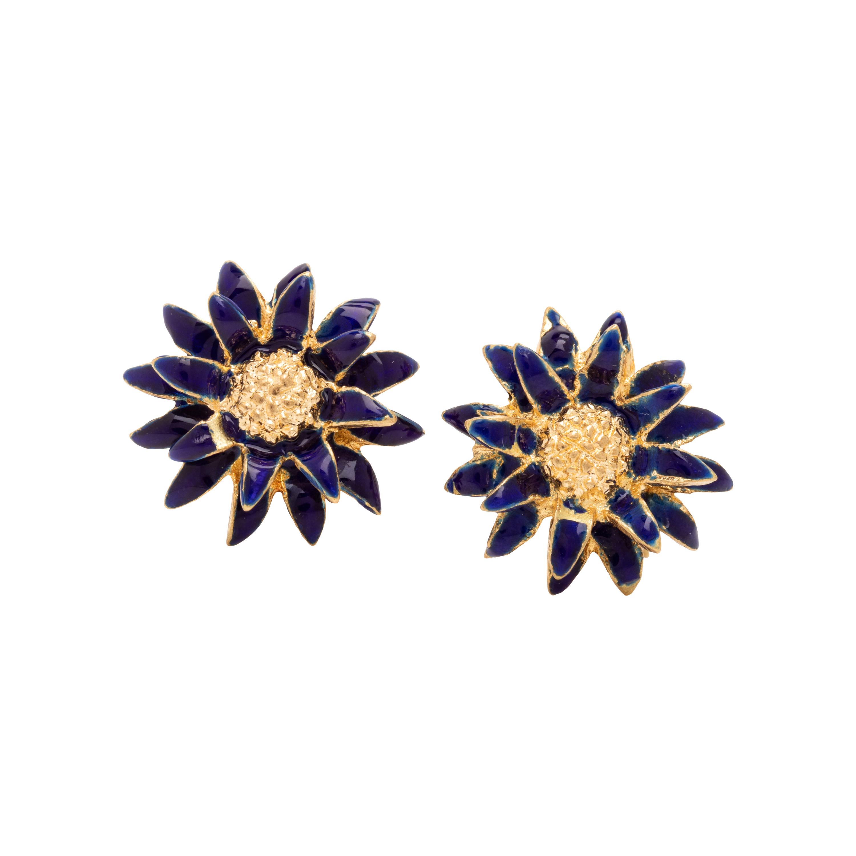 Italian, Blue Enamel and Yellow Gold Flower Earrings