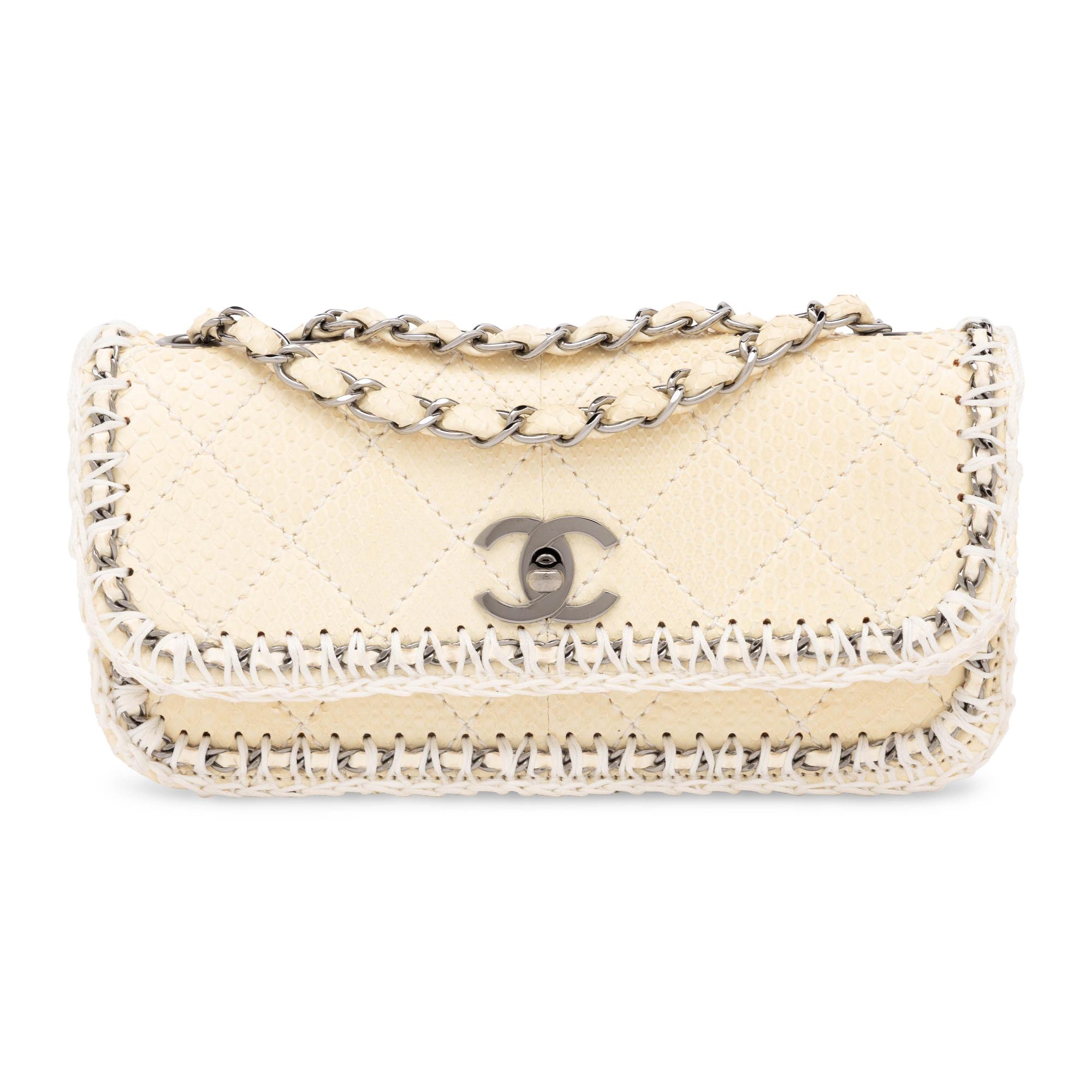 Chanel, Cream Python Flap Bag with Crocheted Trim
