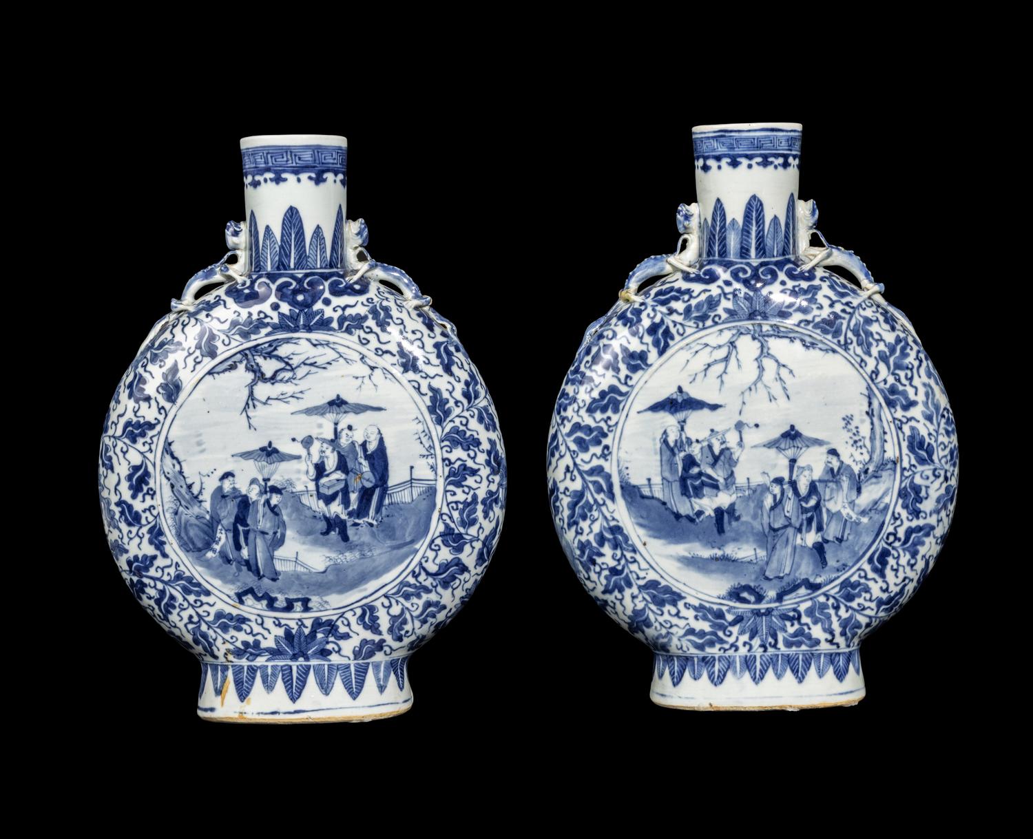 A Pair of Chinese Blue and White Porcelain Moon Flasks