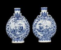 A Pair of Chinese Blue and White Porcelain Moon Flasks