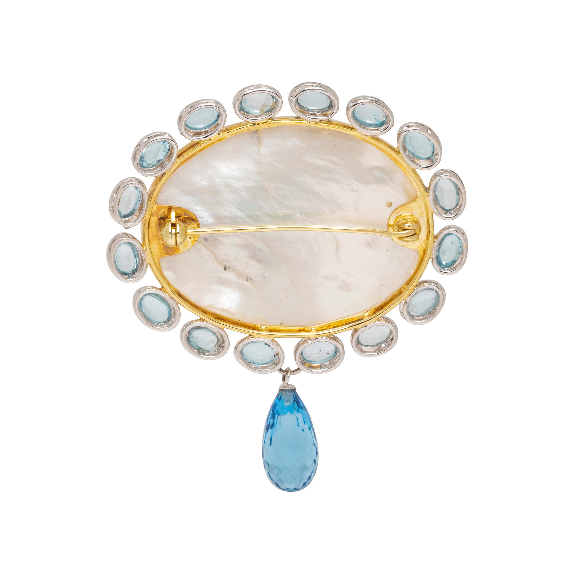 MOTHER-OF-PEARL CAMEO, BLUE TOPAZ AND GLASS BROOCH