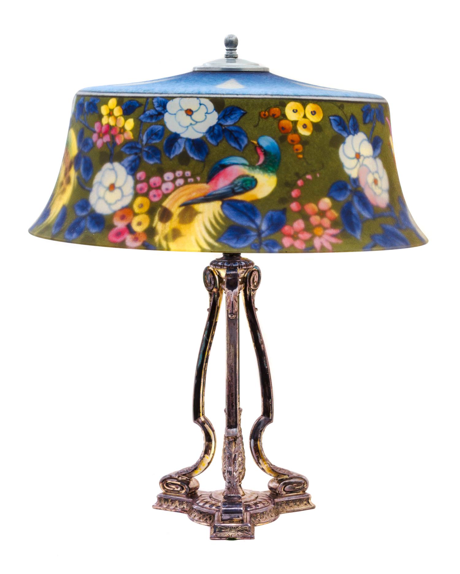 A Hand-Painted Glass Shade Table Lamp Height 22 x diameter 17 1/4 inches. — 20TH CENTURY