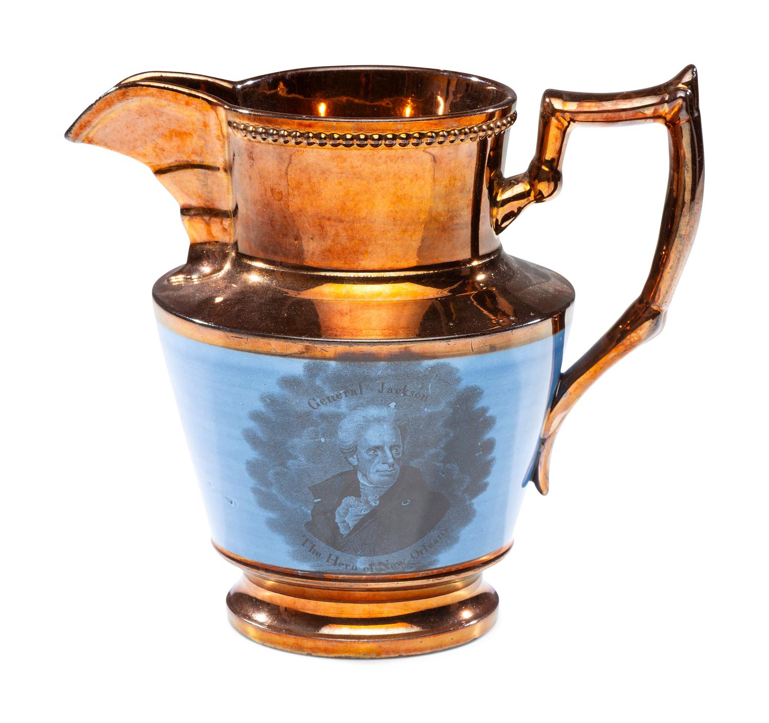 A Staffordshire Transfer-Printed Copper Lustre 'General Jackson Hero of New Orleans' Pitcher