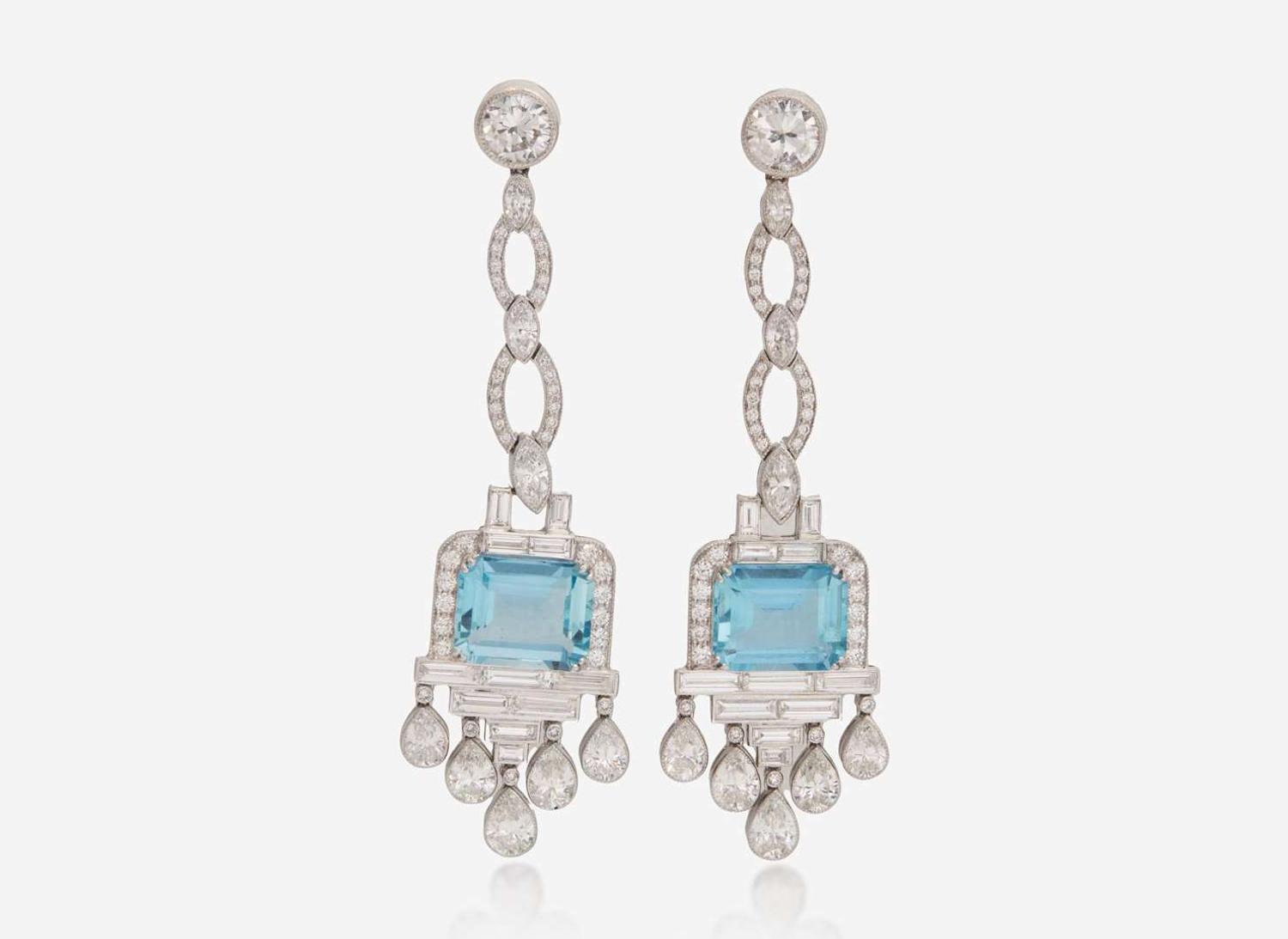 A Pair of Art Deco Platinum, Aquamarine, and Diamond Earrings