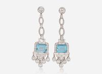 A Pair of Art Deco Platinum, Aquamarine, and Diamond Earrings