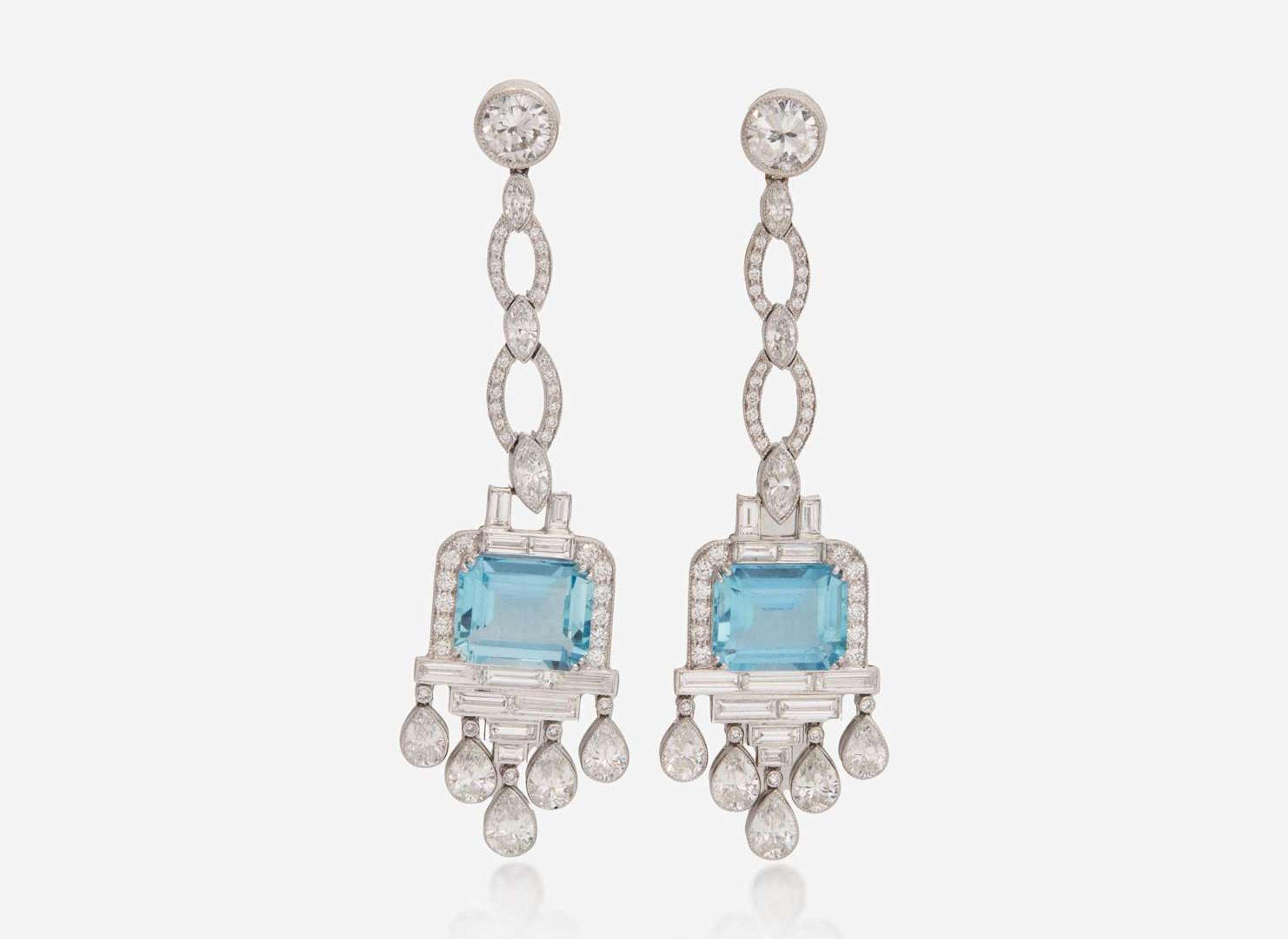 A Pair of Art Deco Platinum, Aquamarine, and Diamond Earrings