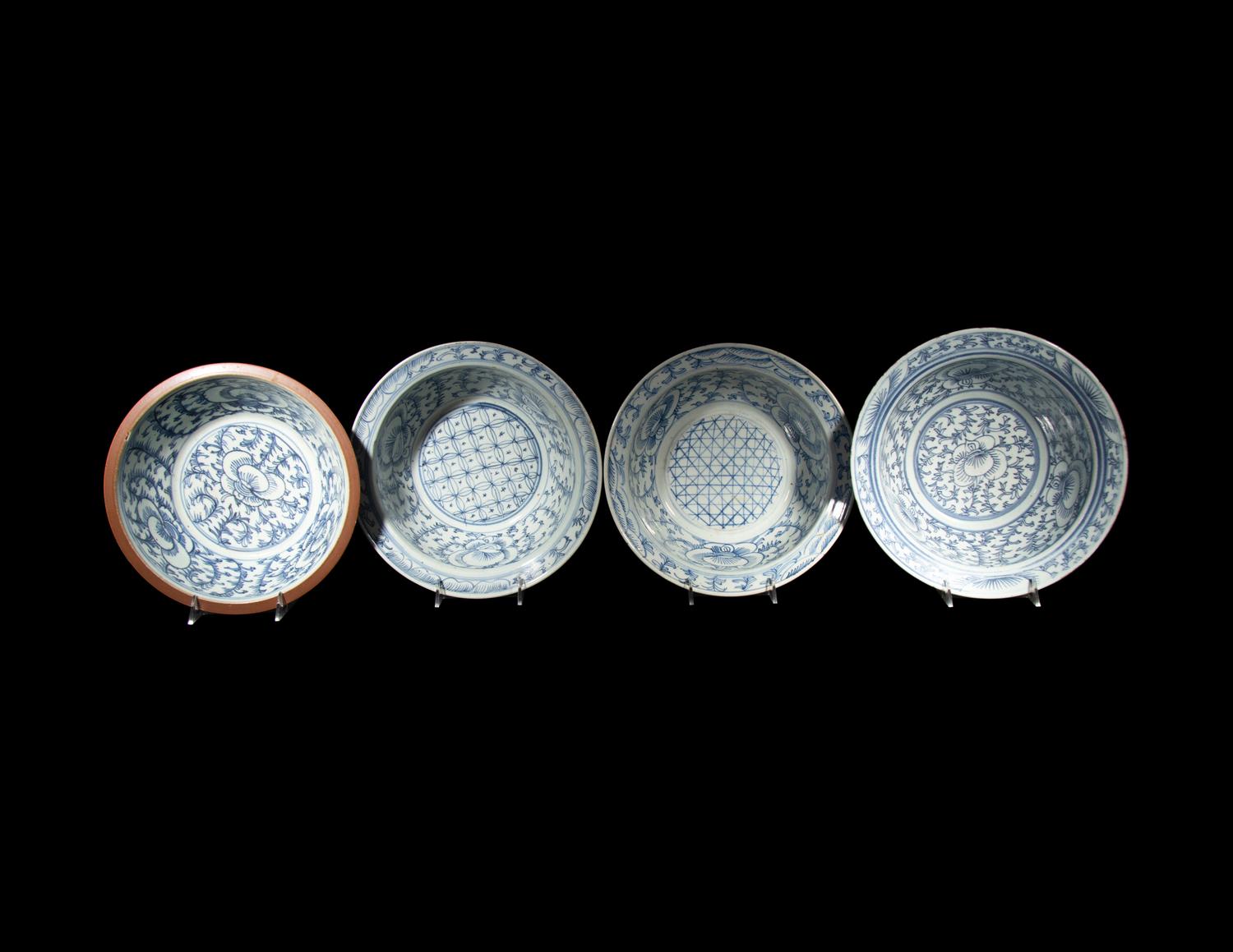 Four Chinese Blue and White Porcelain Shallow Bowls