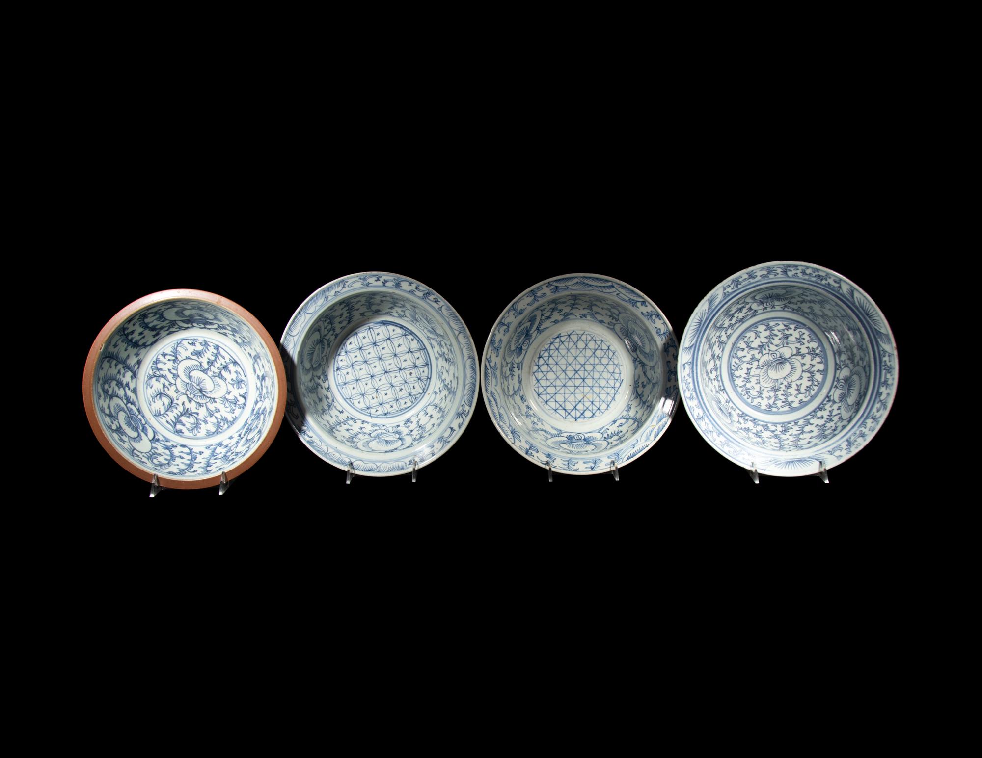 Four Chinese Blue and White Porcelain Shallow Bowls