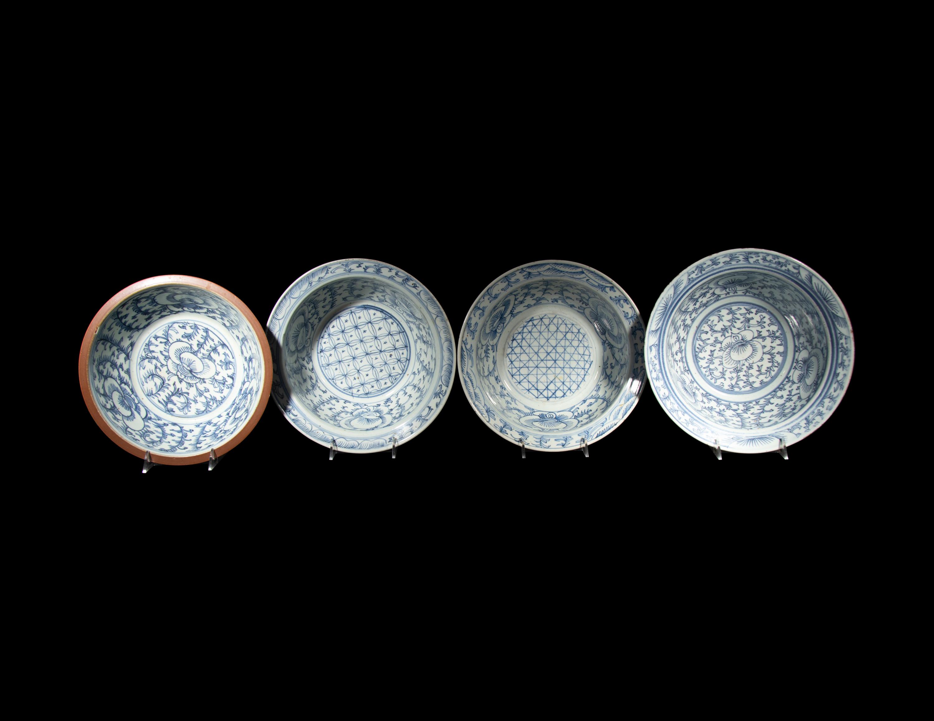 Four Chinese Blue and White Porcelain Shallow Bowls