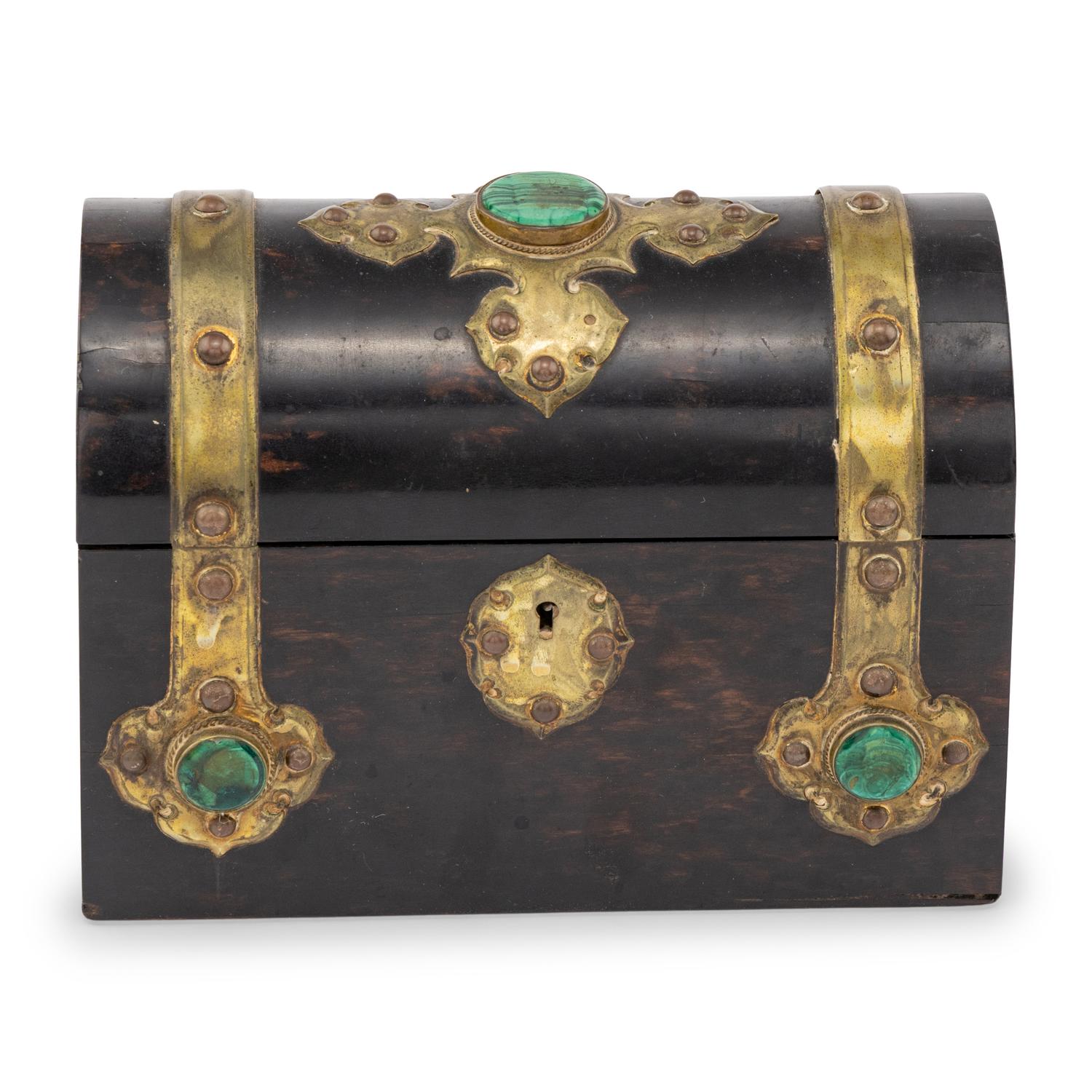 An English Brass and Malachite Mounted Calamander Table Casket
