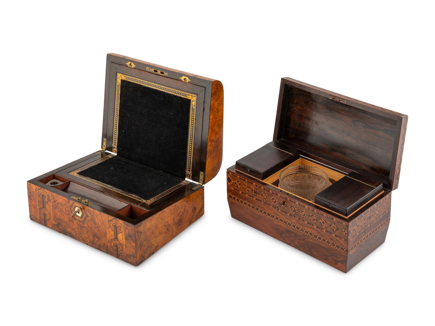A Large Tunbridge Marquetry Tea Caddy and a Victorian Walnut and Marquetry Table Casket