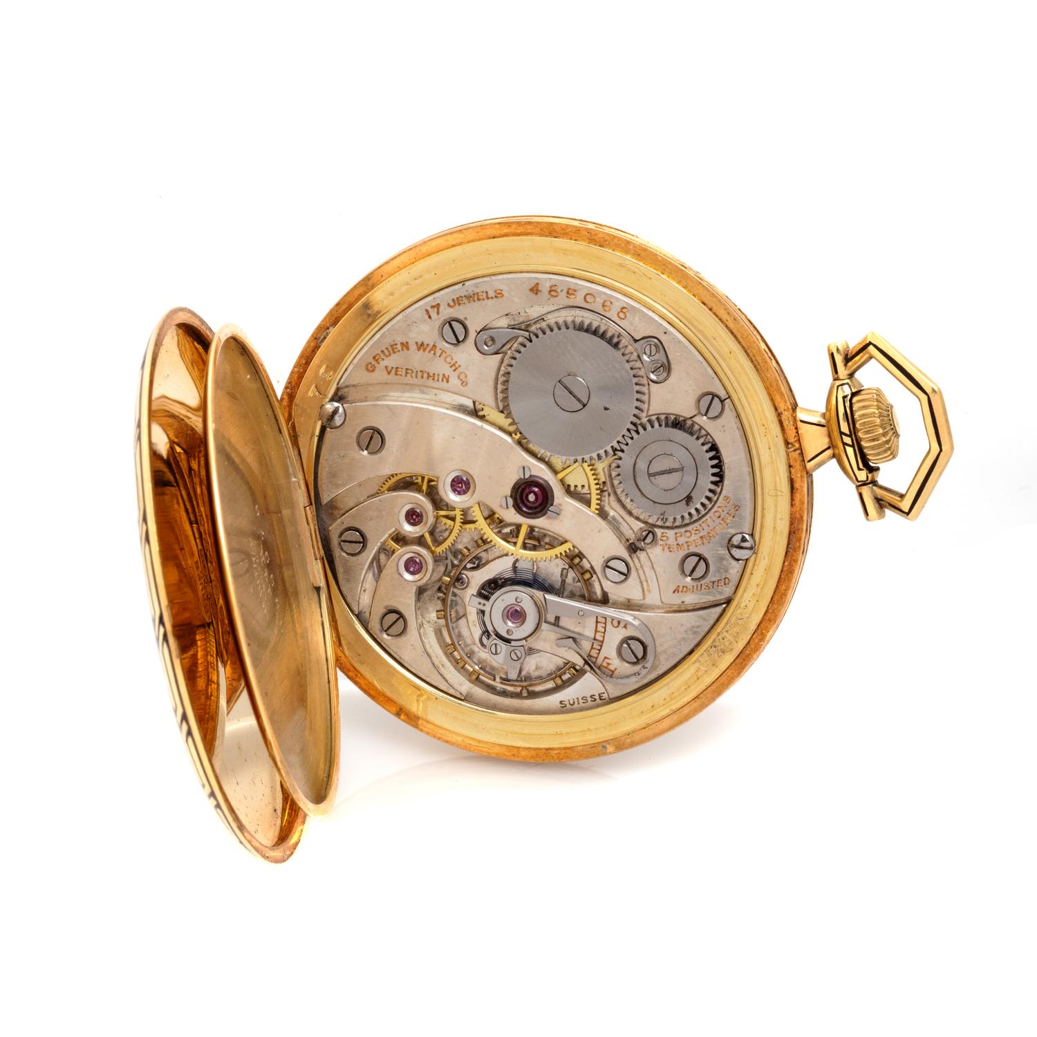 GRUEN, ART DECO, 14K YELLOW GOLD AND ENAMEL OPEN FACE POCKET WATCH