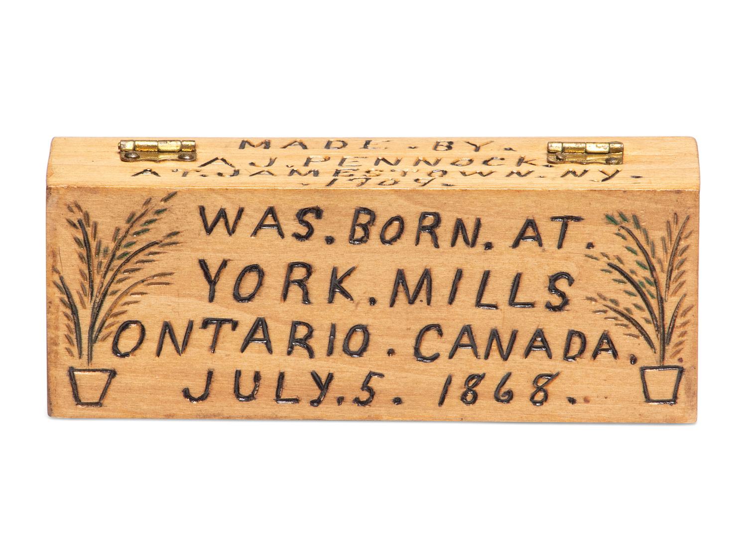 A Carved and Painted Wood Valuables Box with Masonic Interest