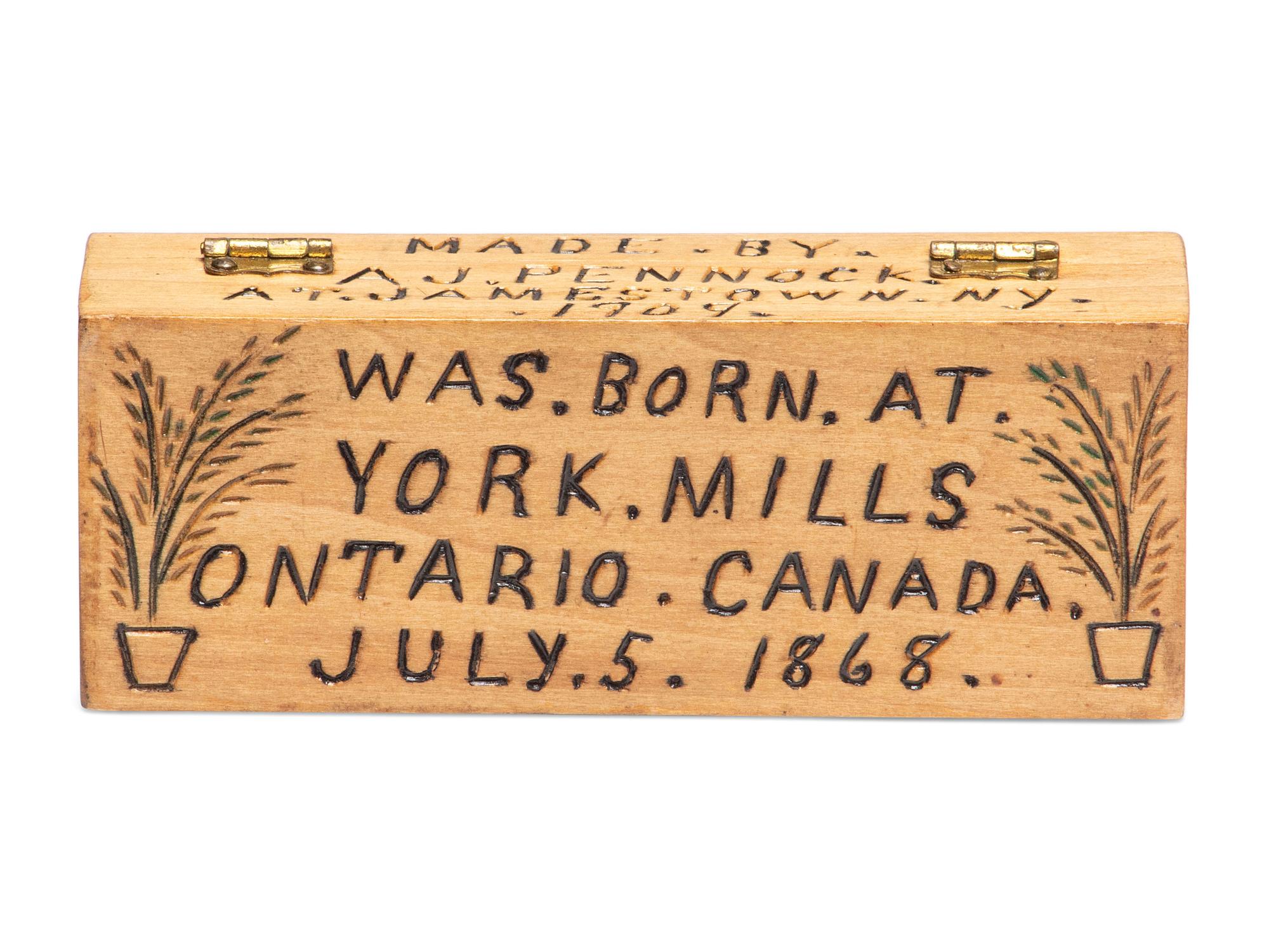 A Carved and Painted Wood Valuables Box with Masonic Interest