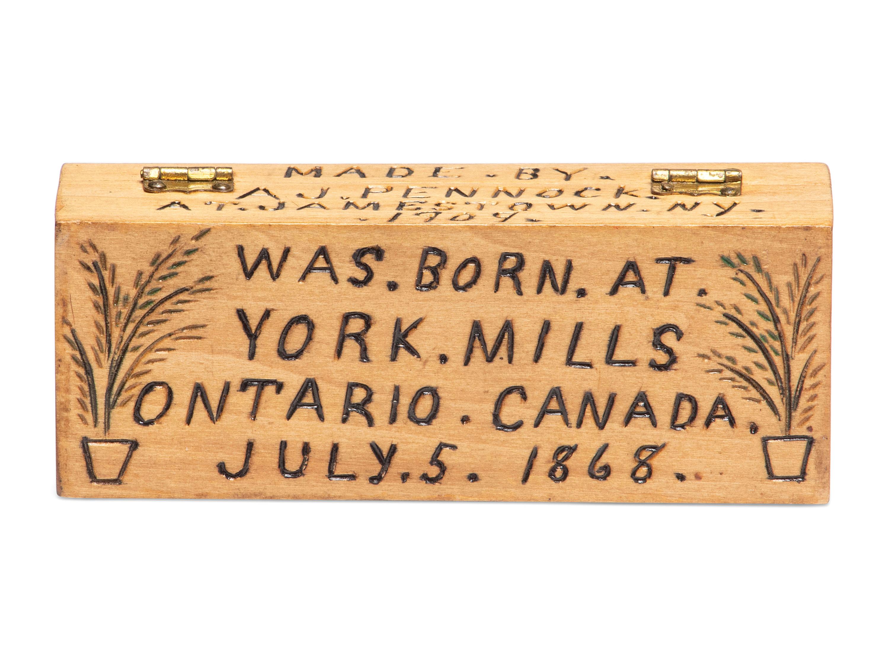 A Carved and Painted Wood Valuables Box with Masonic Interest