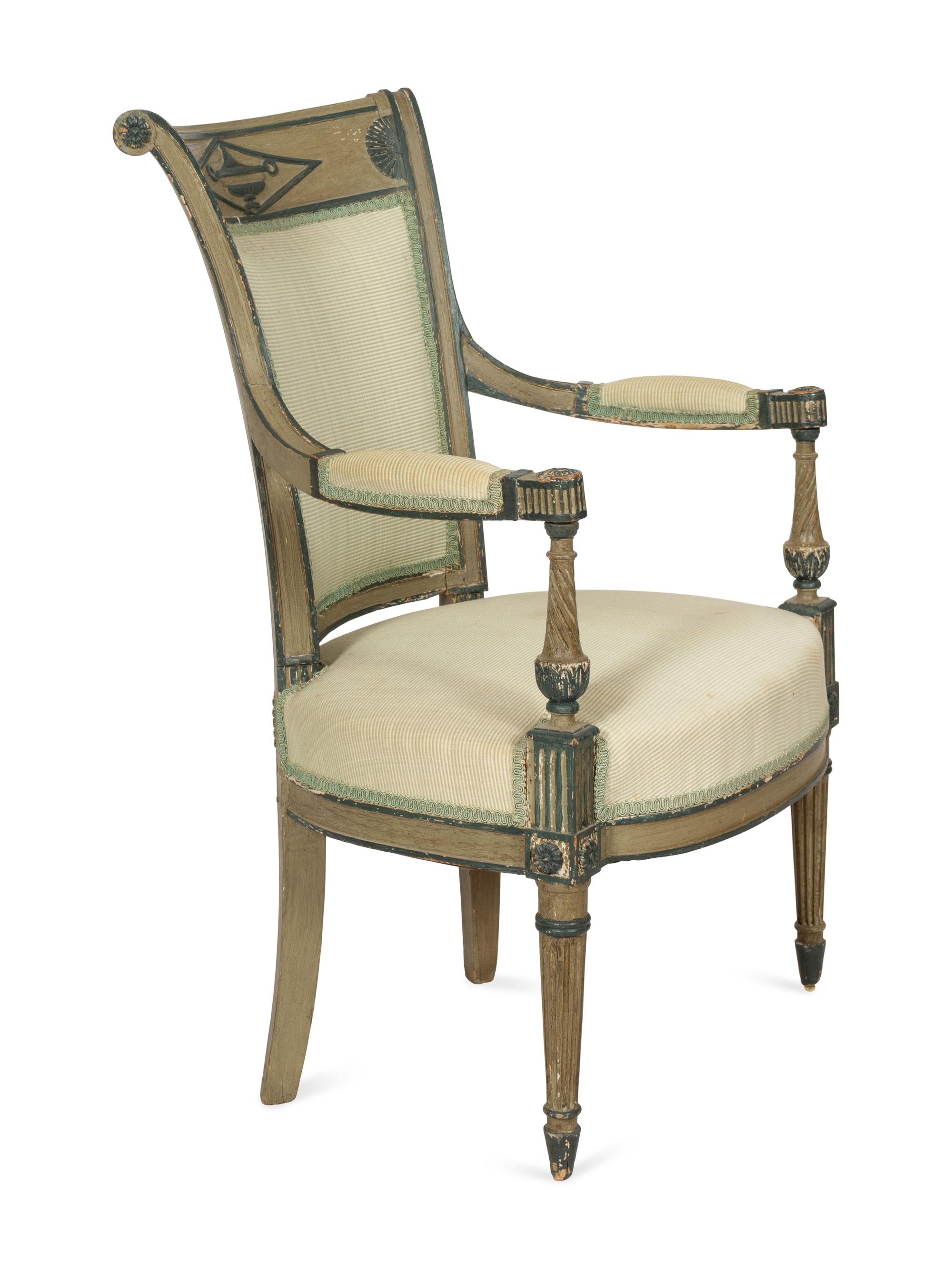 A Directoire Blue and Grey-Painted Beechwood Fauteuil