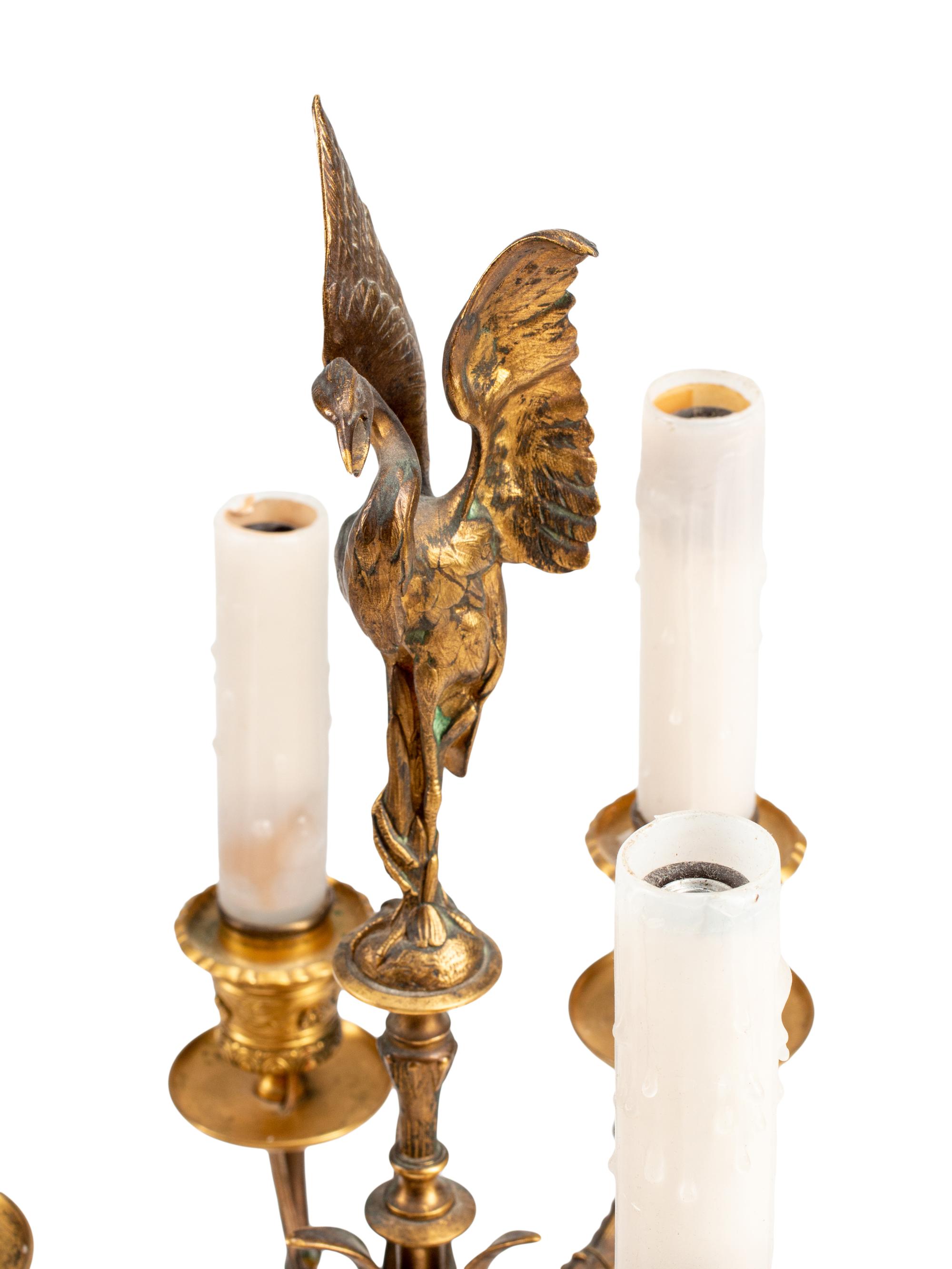 A Pair of French Neoclassical Bronze and Marble Six-Light Candelabra