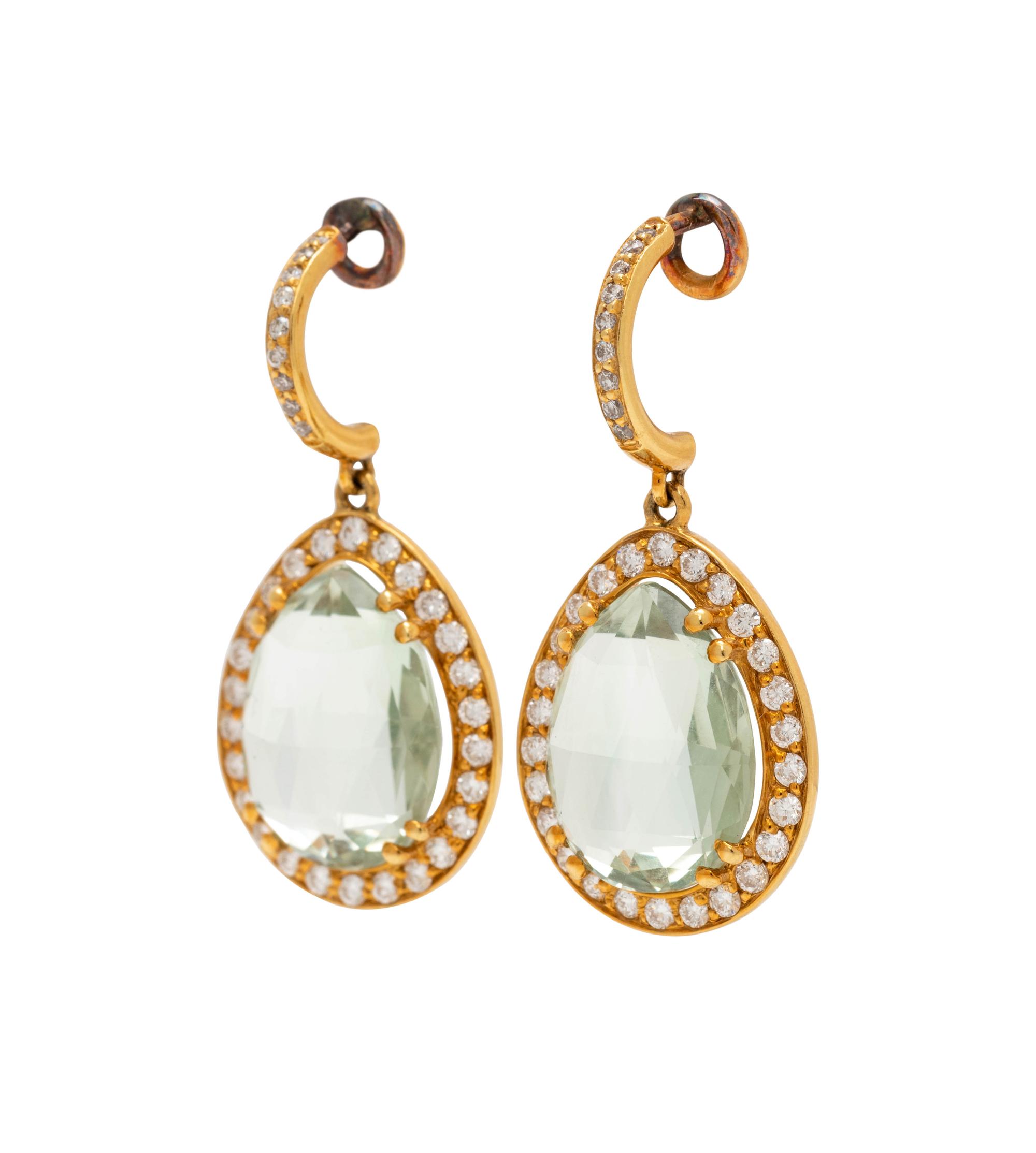GREEN QUARTZ AND DIAMOND EARCLIPS