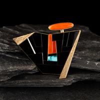 Richard Chavez (San Felipe, b. 1949) — Yellow Gold, Coral, Turquoise, and Black Jade Abstract Figural Brooch