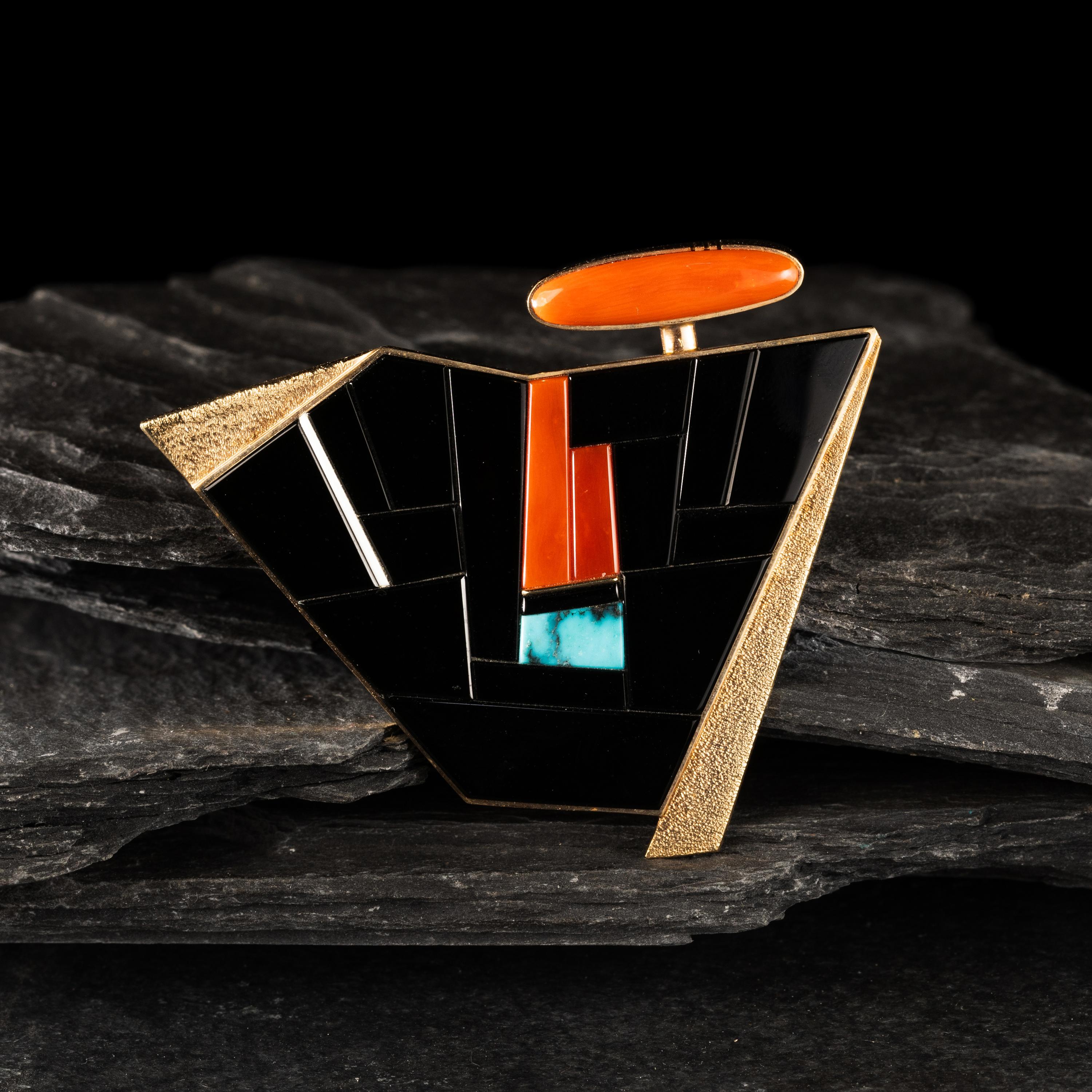 Richard Chavez (San Felipe, b. 1949) — Yellow Gold, Coral, Turquoise, and Black Jade Abstract Figural Brooch