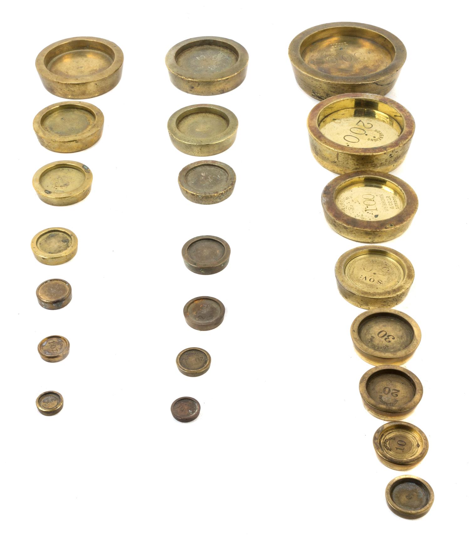 Three Sets of Stackable Brass Weights Diameter of largest weight 5 inches. — LATE 19TH/EARLY 20TH CENTURY