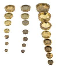 Three Sets of Stackable Brass Weights Diameter of largest weight 5 inches. — LATE 19TH/EARLY 20TH CENTURY