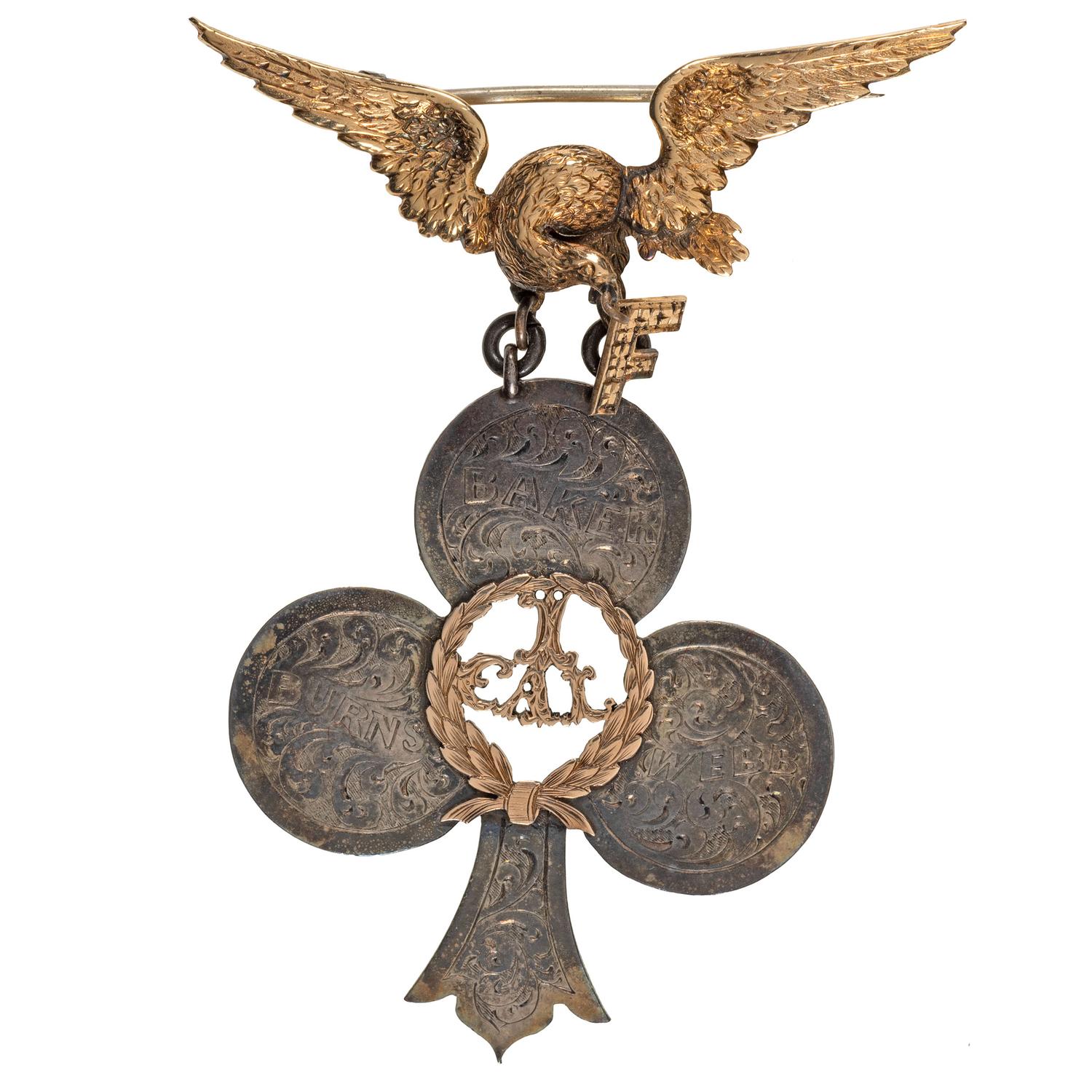 Gold and silver II Corps badge presented to Lt. Colonel Charles Kochersperger, Company F, 71st Pennsylvania (1st California Regiment), May 1864. Manufactured by J. Somerset, Philadelphia, PA.