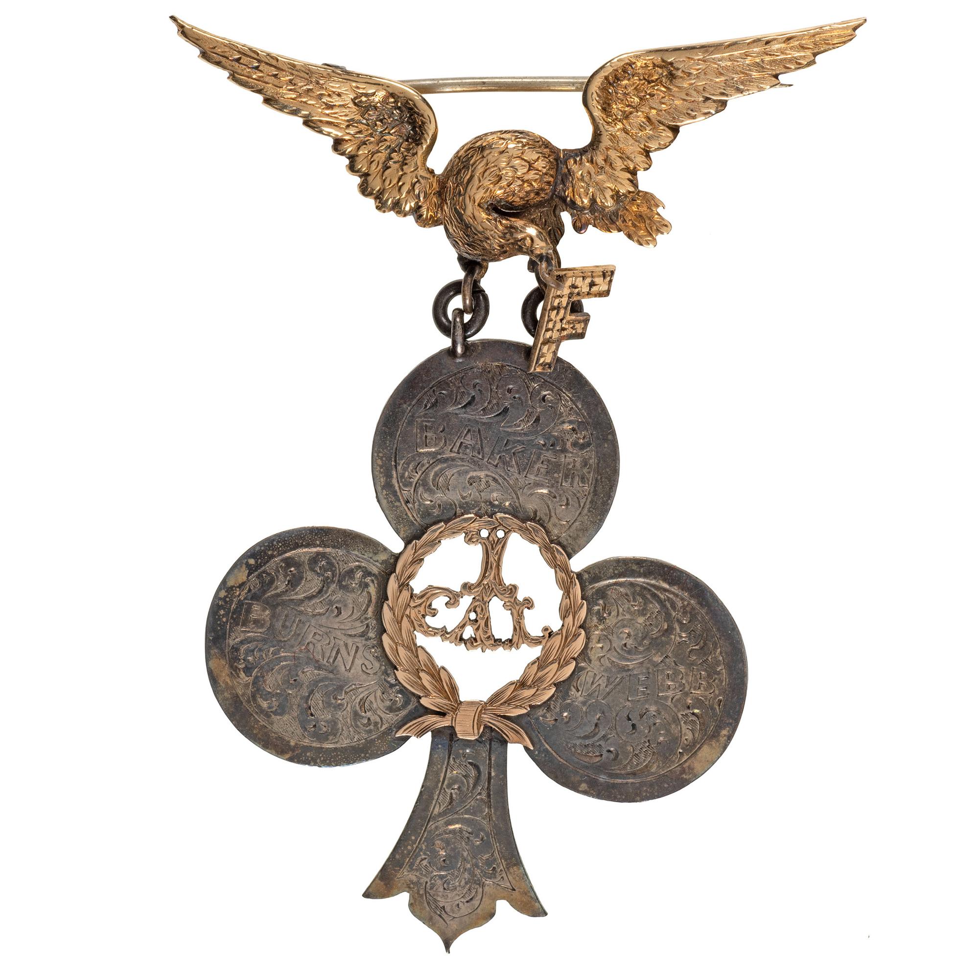 Gold and silver II Corps badge presented to Lt. Colonel Charles Kochersperger, Company F, 71st Pennsylvania (1st California Regiment), May 1864. Manufactured by J. Somerset, Philadelphia, PA.