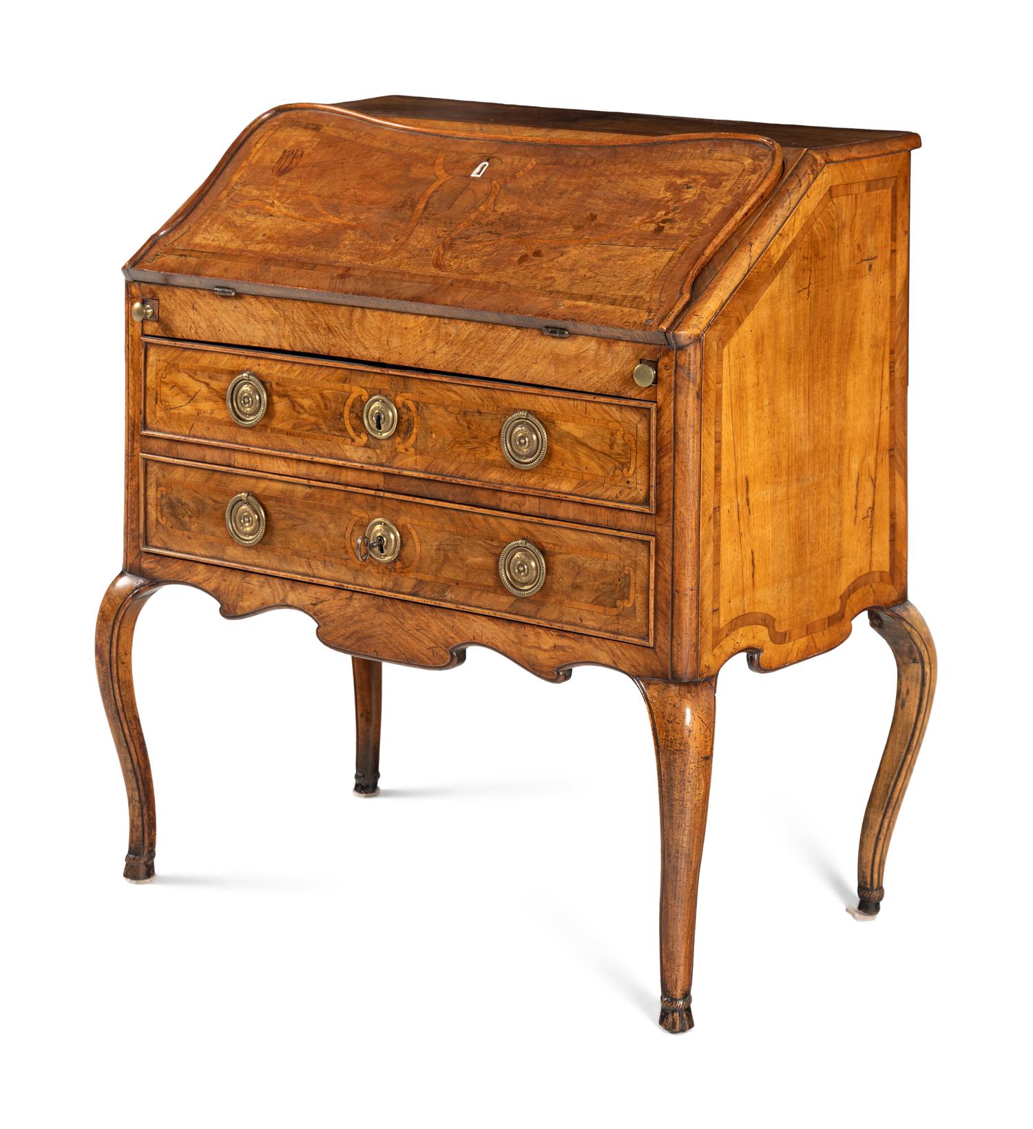 An Italian Walnut and Marquetry Slant-Front Bureau