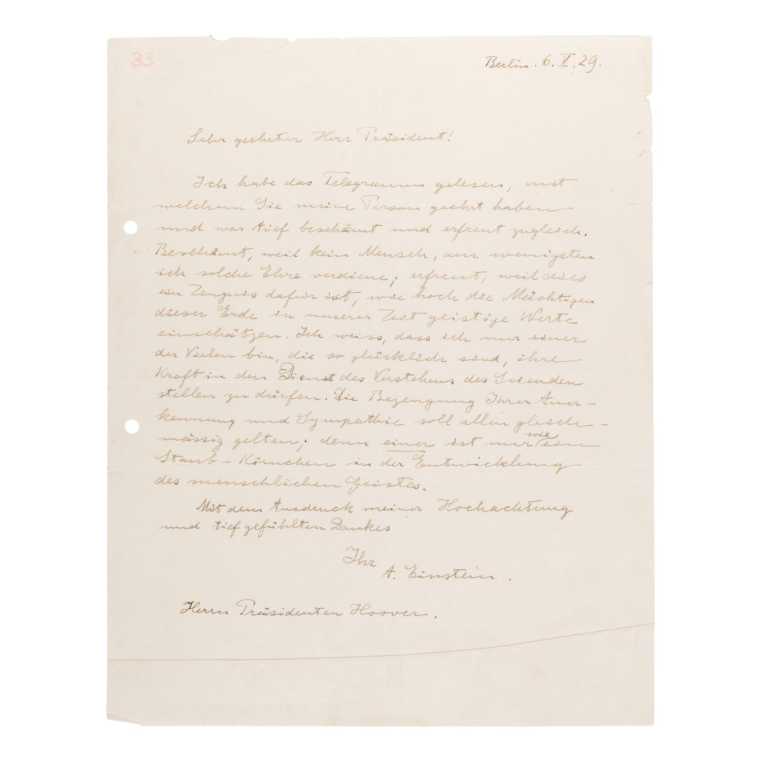 Einstein, Albert (1879-1955). Autograph letter signed ("A. Einstein"), to President Herbert Hoover, Berlin, 6 May 1929.