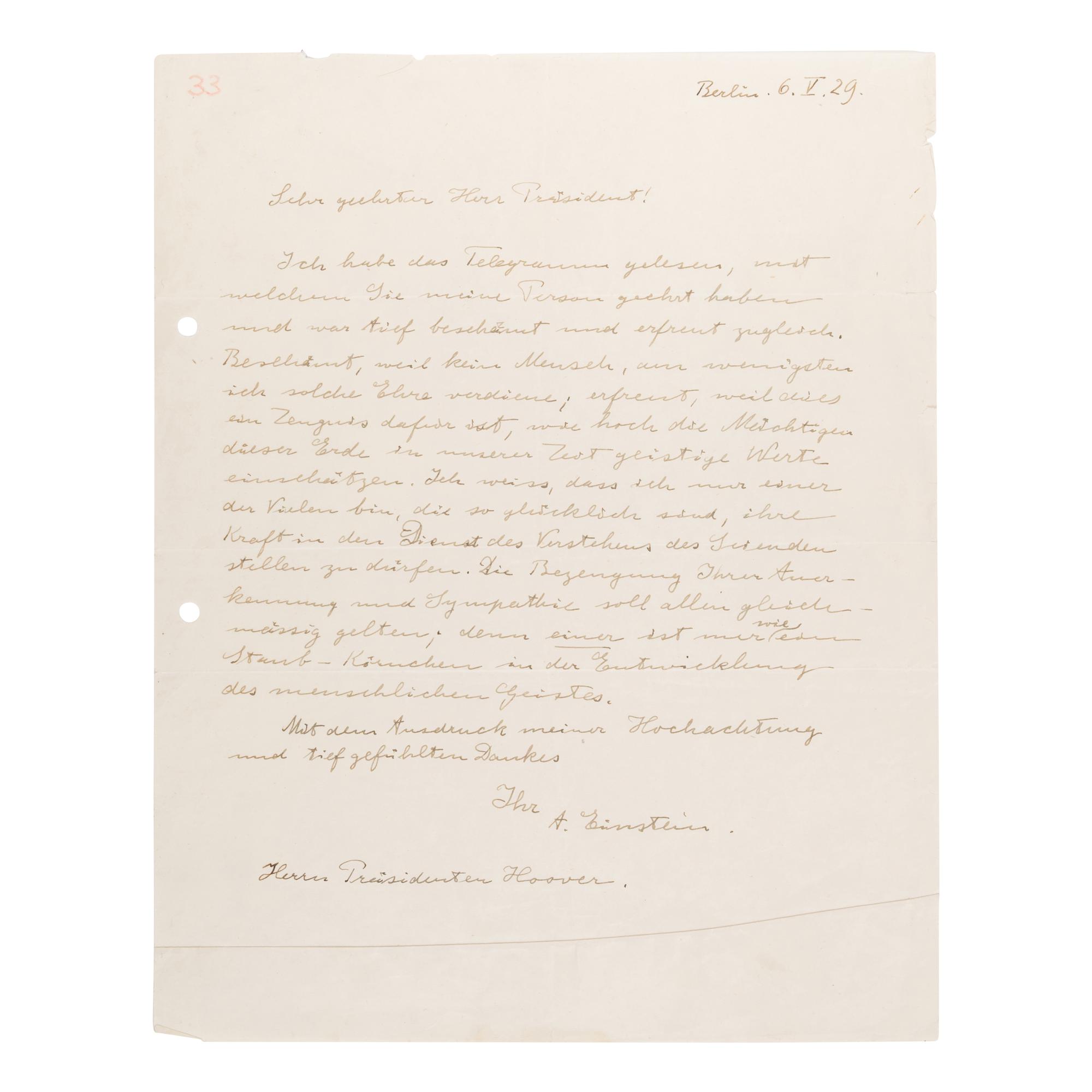 Einstein, Albert (1879-1955). Autograph letter signed ("A. Einstein"), to President Herbert Hoover, Berlin, 6 May 1929.