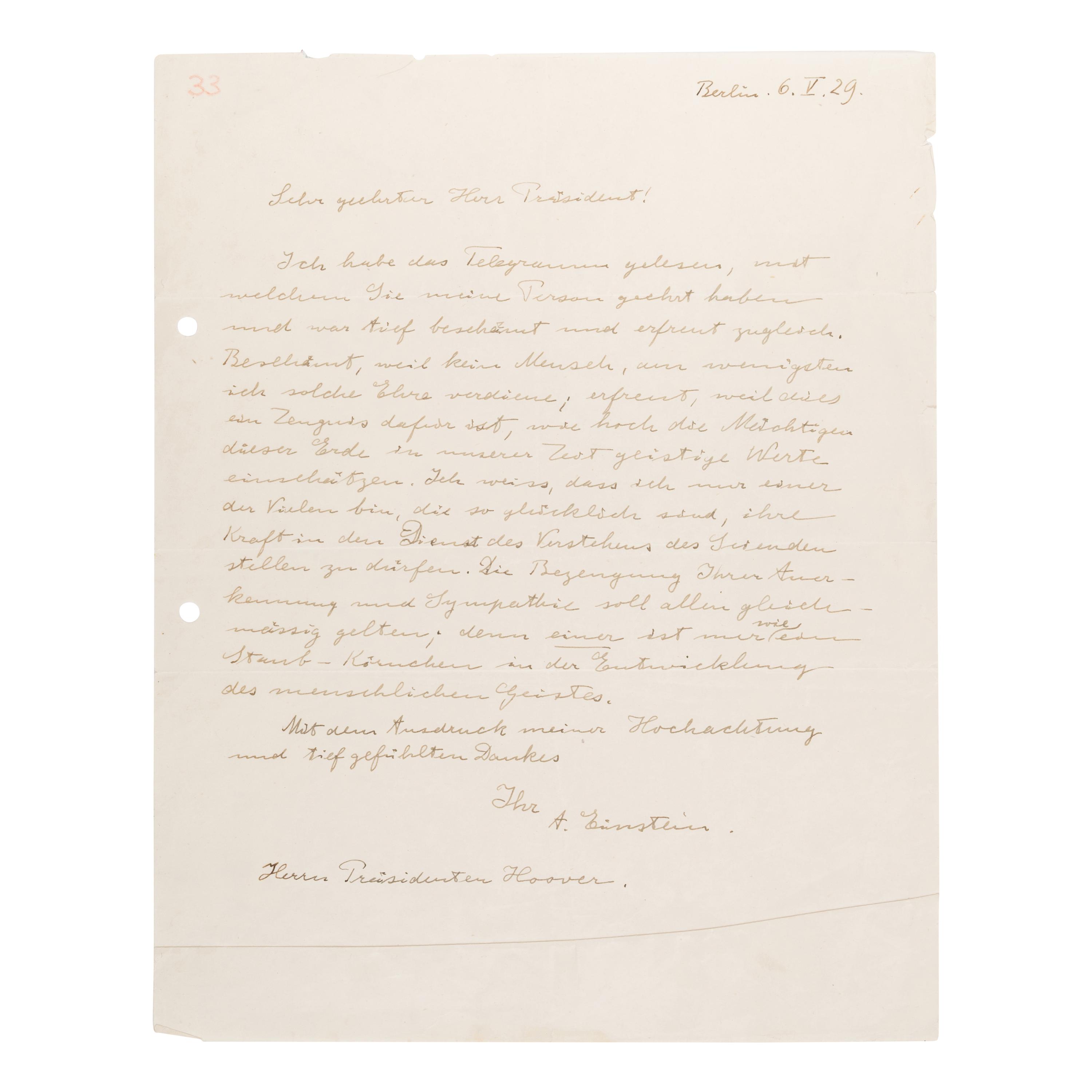 Einstein, Albert (1879-1955). Autograph letter signed ("A. Einstein"), to President Herbert Hoover, Berlin, 6 May 1929.