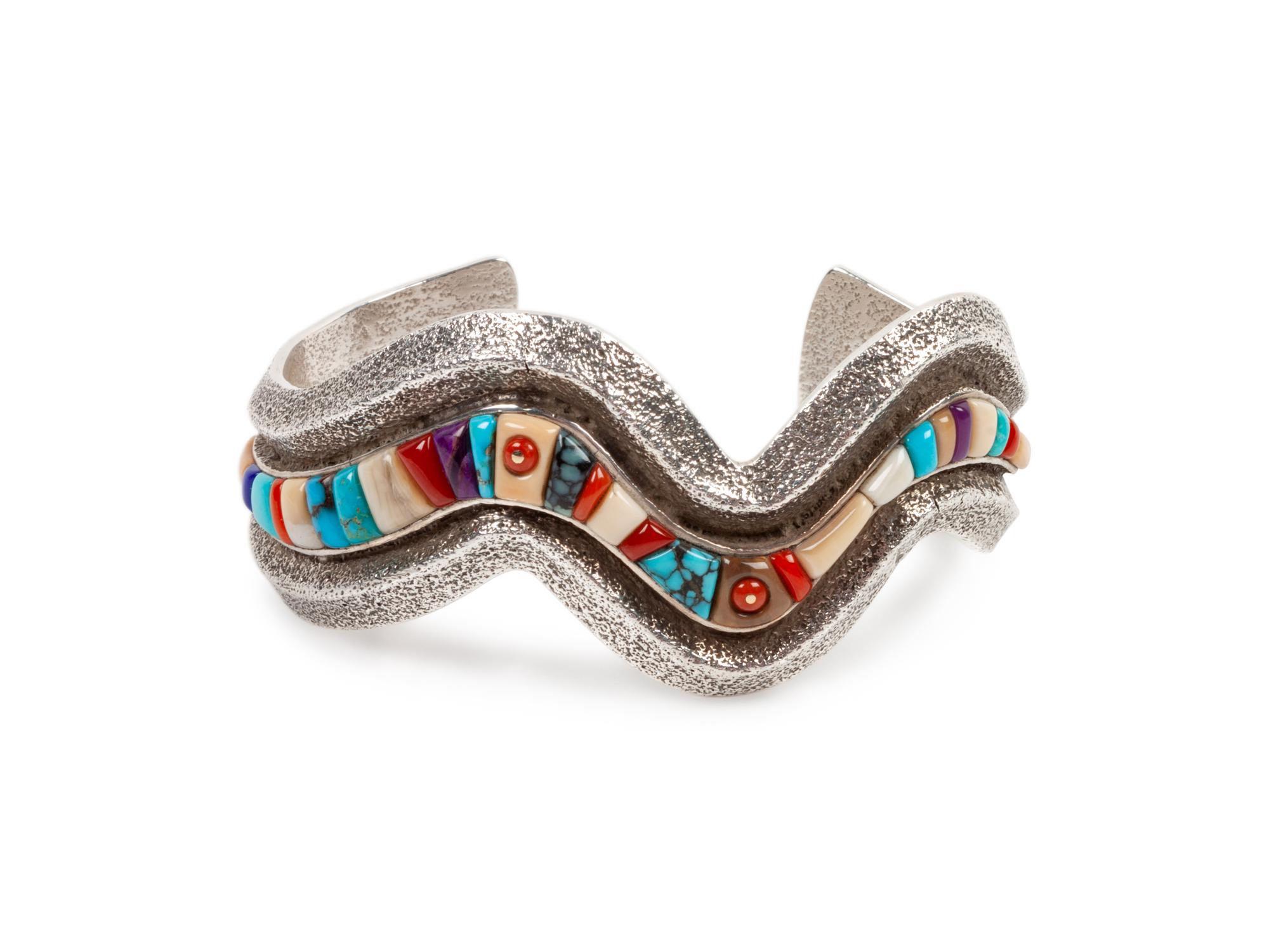 Tufa Cast Silver and Multi-Stone Chanel Inlay Cuff Bracelet